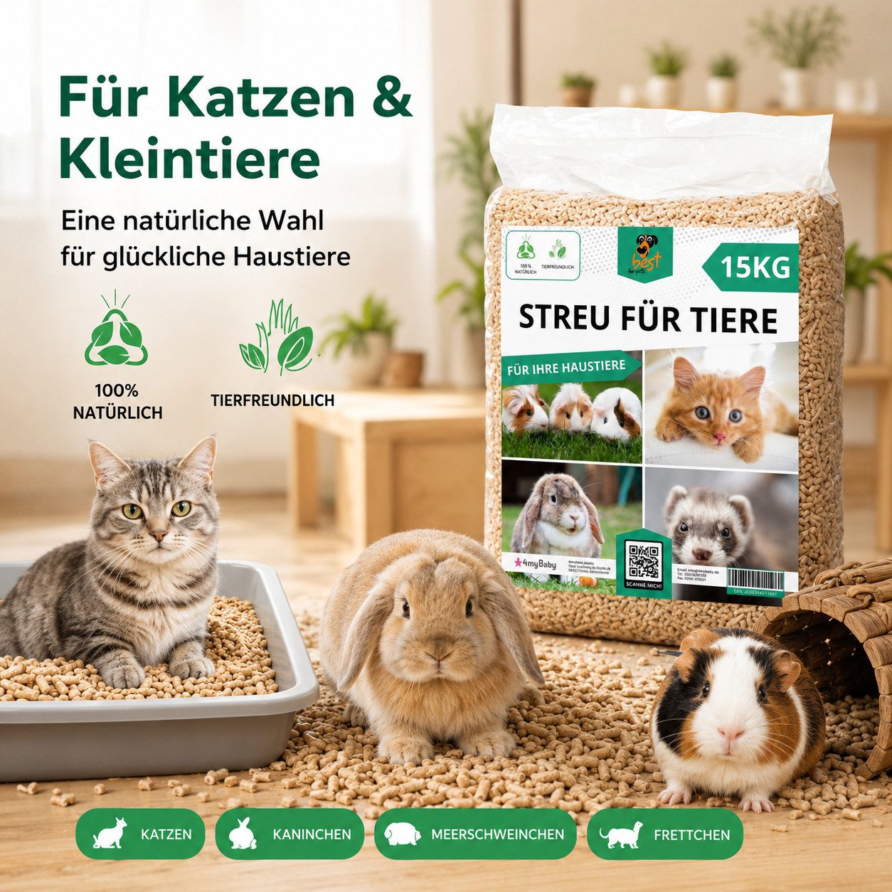 Best for Pets Katzenstreu Tierstreu Holzpellets 100% Natur – saugstark & geruchsbindend (Tierbedarf, 1-tlg., Einzelprodukt), 100 % Naturholz, ohne chemische Zusätze, staubarm