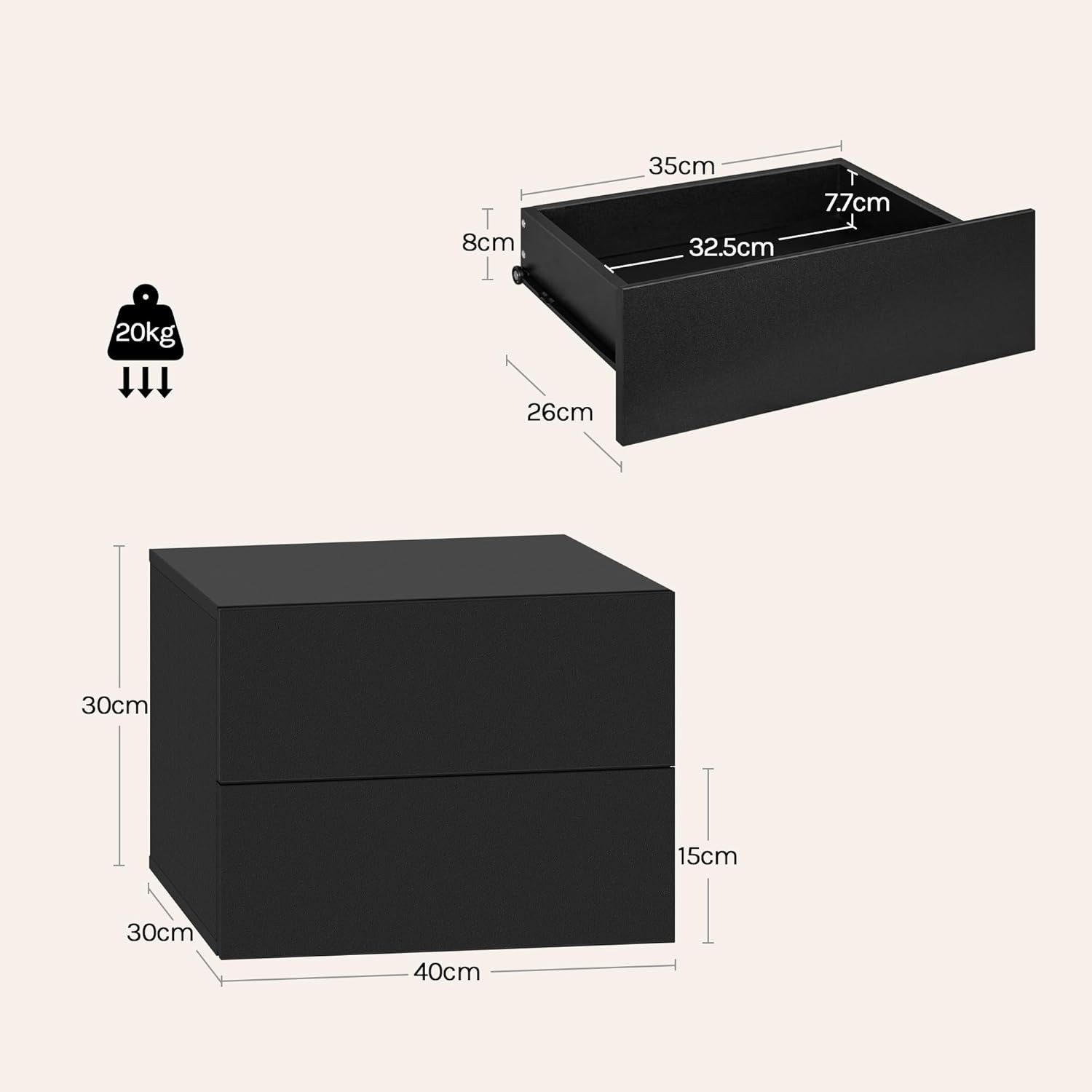 Woltu Nachttisch (2-St), hängend mit Schublade, Wandregal Schwarz für Schlafzimmer Wohnzimmer