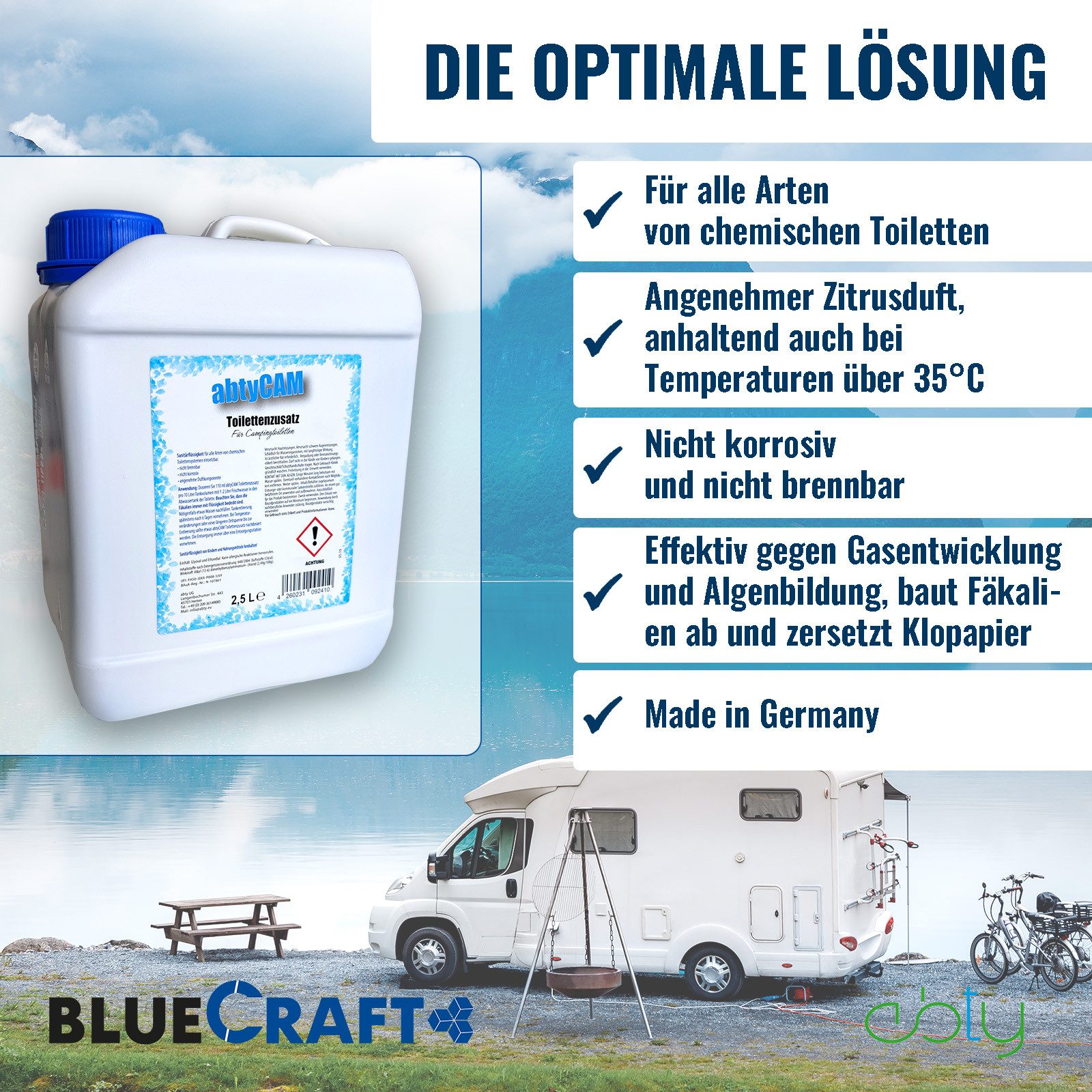 BlueCraft Sanitärflüssigkeit 2,5 L für mobile Camping Toiletten Sanitärzusatz Campingtoilettenreiniger (Toilettenzusatz WC Konzentrat mit Citronenduft Inkl. 4 Rollen Toilettenpapier, [- Sanitärkonzentrat für Abwassertank Zusatz für Chemietoiletten)