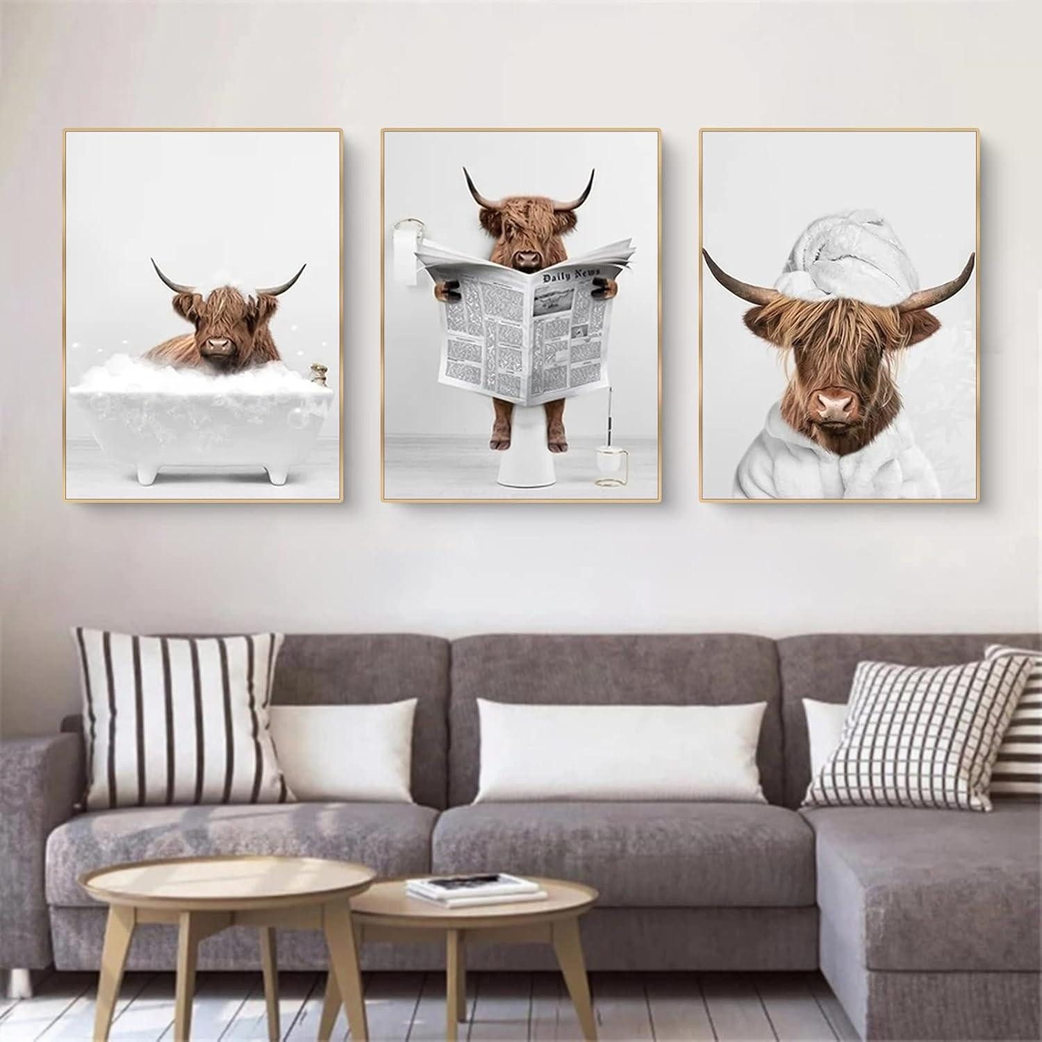 Poster 3-teiliges Poster Set Hochland Kuh Badewanne Leinwand Malerei 21x30cm
