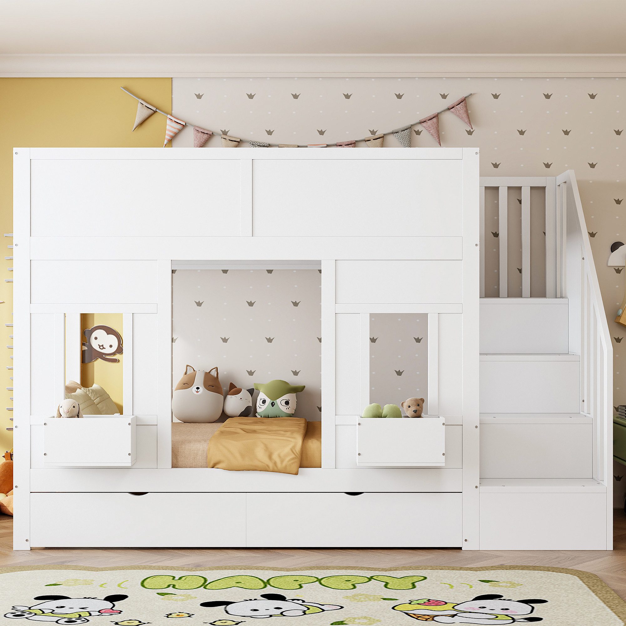 Flieks Etagenbett, Kinderbett 90x200cm mit Fenstern, 2 Schubladen und Stauraumtreppe