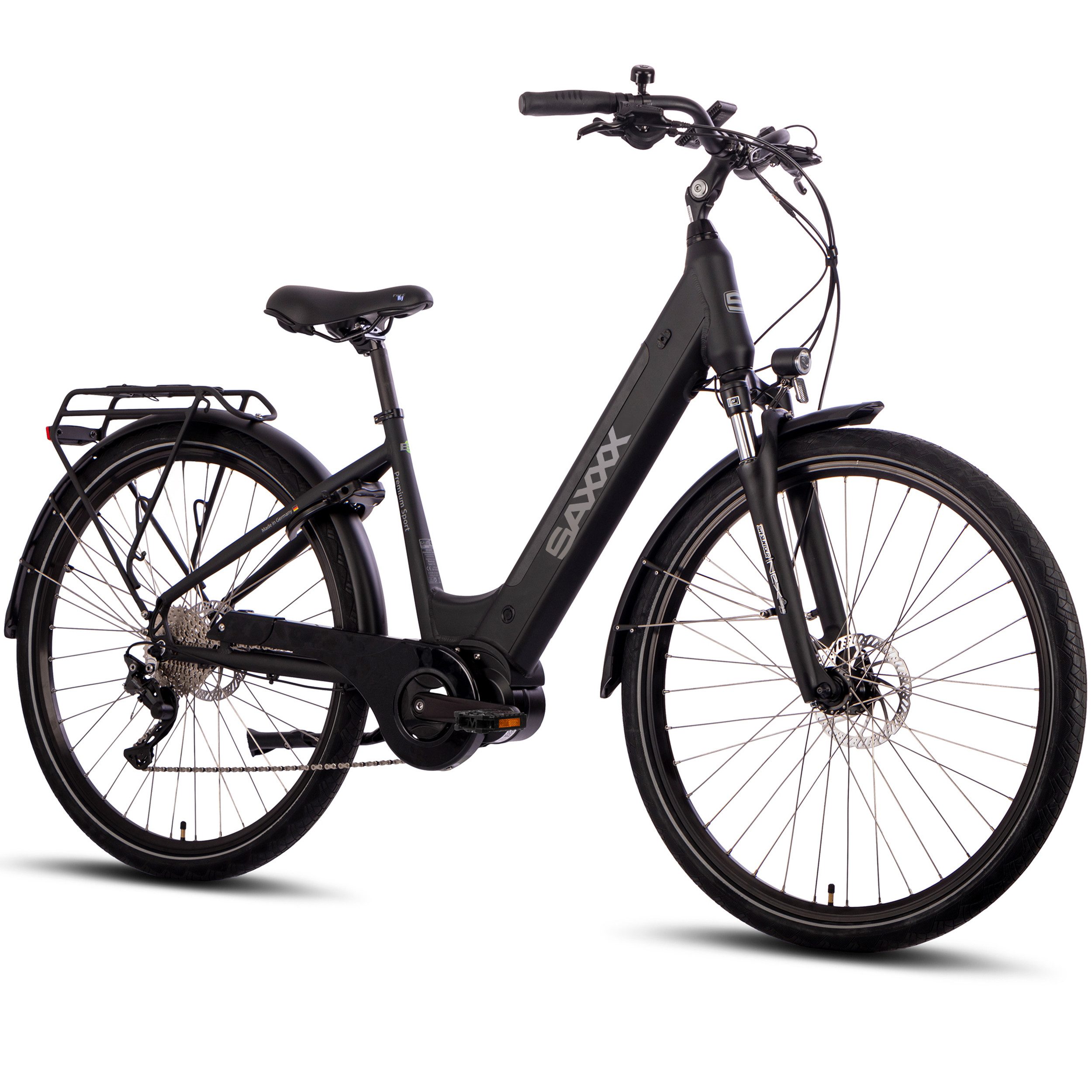 SAXXX E-Bike Trekkingrad 28'' für Damen und Herren, 522Wh, 110km, Pedelec mit Federgabel, 10 Gang SHIMANO Deore Schaltwerk, Kettenschaltung, Mittelmotor, 522 Wh, (mit Akku-Schlüssel, mit Rahmenschloss, mit Gepäckträger), Elektrofahrrad mit Pannenschutzreifen, Reflexst., hydr. Scheibenbremse