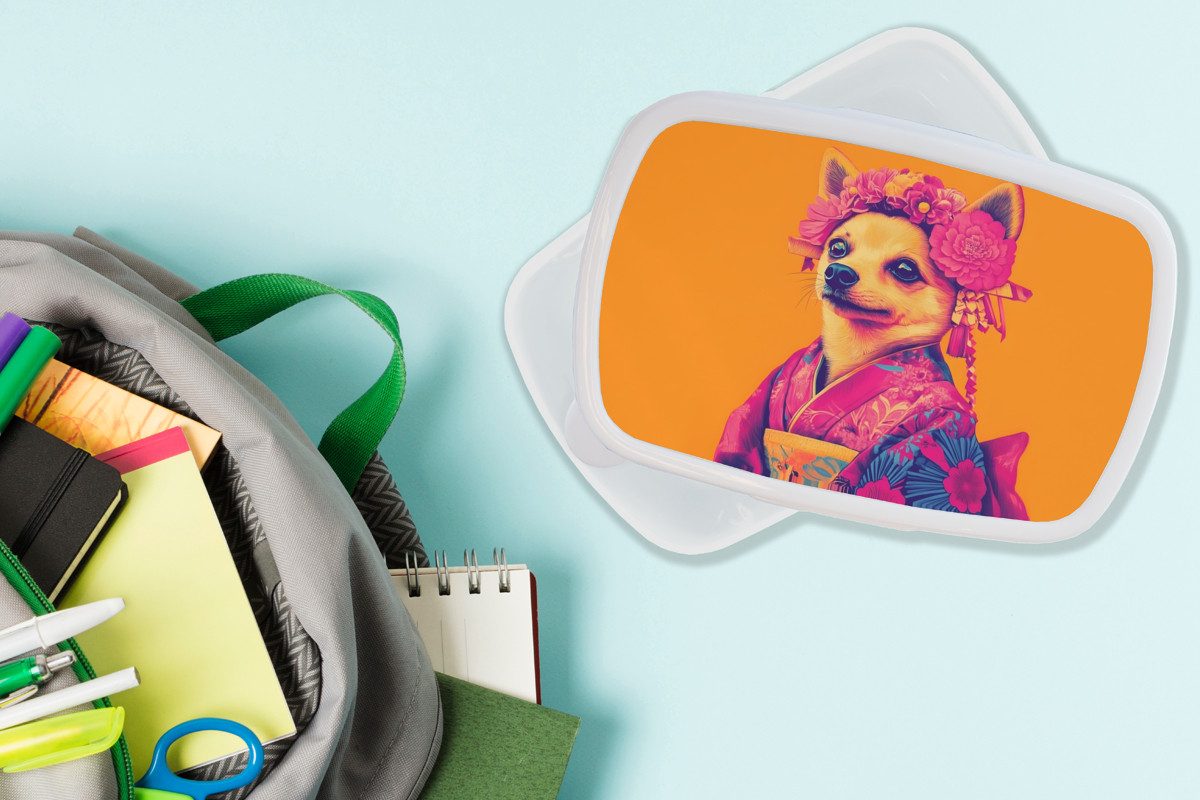 MuchoWow Lunchbox Kimono - Hündchen - Blumenkrone - Orange, Kunststoff, (2-tlg), Brotdose Schule oder Arbeit, Brotbox für Kinder und Erwachsene