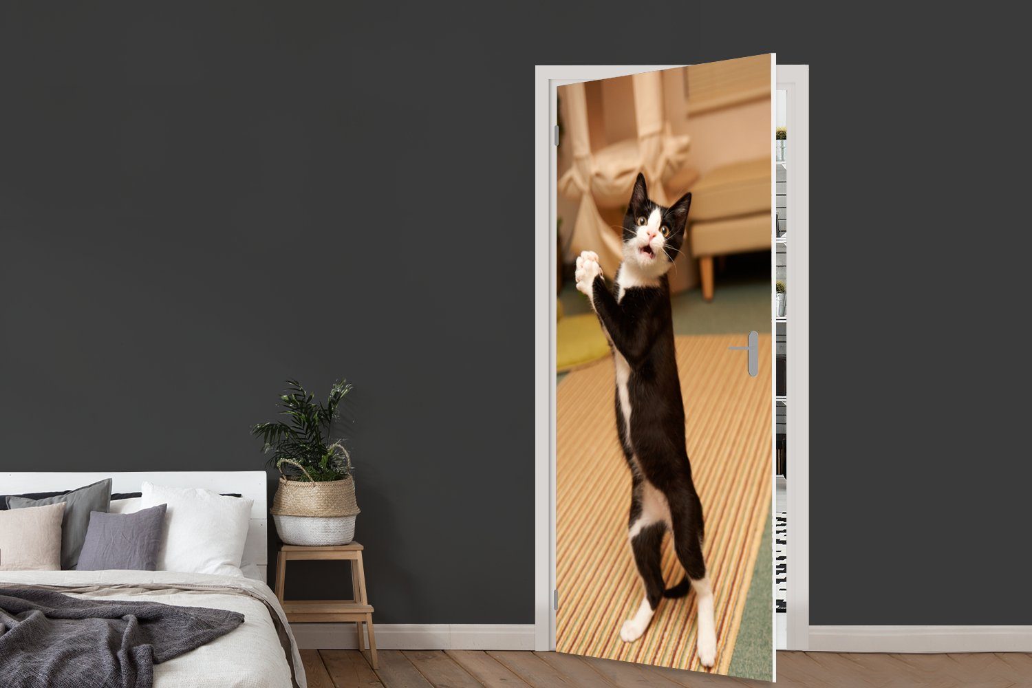 MuchoWow Türtapete Katze - Türaufkleber, (1 Schwarz, für Tür, 75x205 cm Wohnzimmer St), bedruckt, Fototapete - Matt