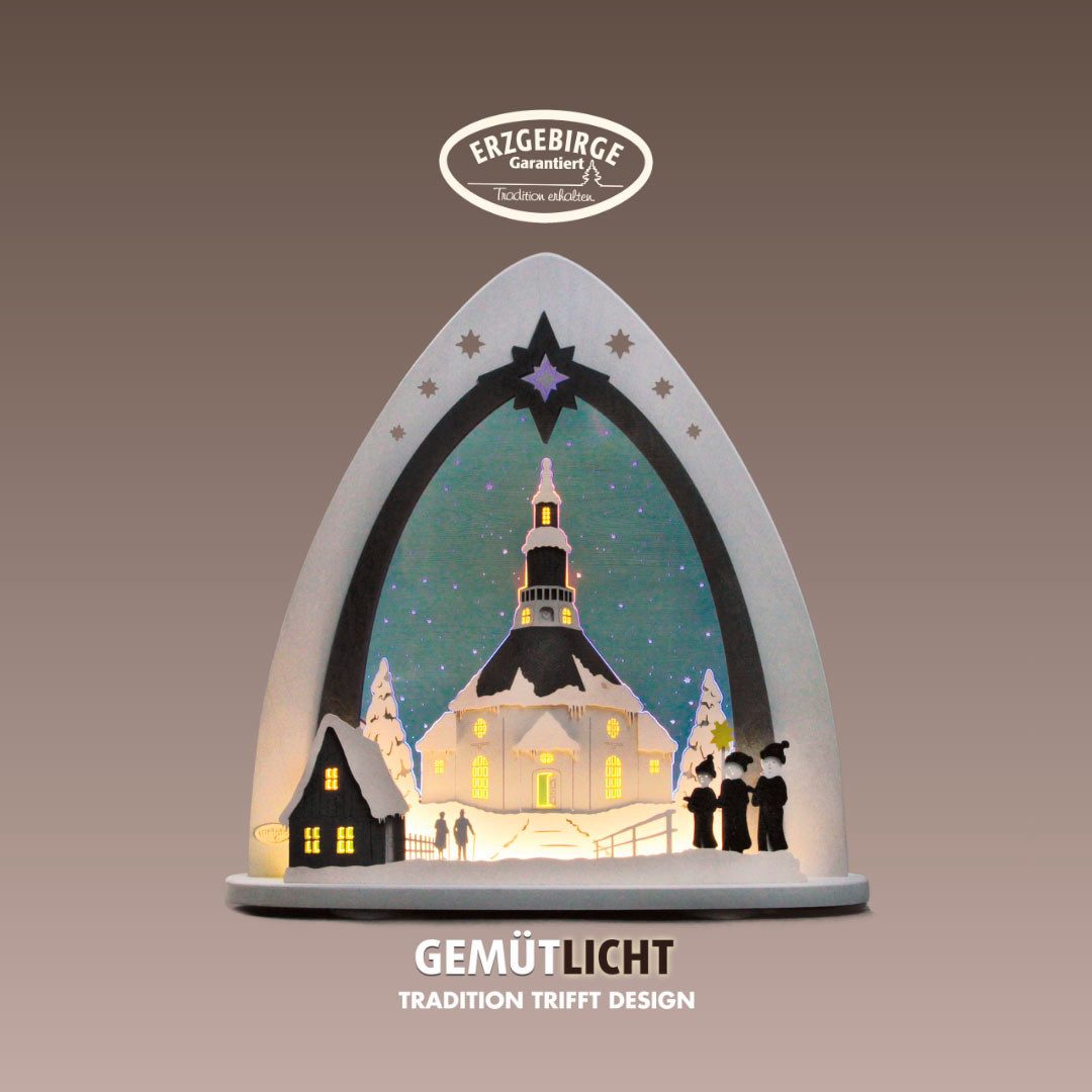 Weigla Lichterbogen LED Seiffener Kirche,Lichterspitze aus Holz&Acrylglas, Made in Germany (1-tlg), Erzgebirge garantiert, Weihnachtsdeko Innen, Weihnachtsbeleuchtung
