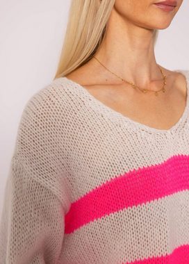 SASSYCLASSY Strickpullover Oversize Pullover Damen aus weichem Grobstrick Lässiger Strickpullover mit Streifen und V-Ausschnitt, Made in Italy