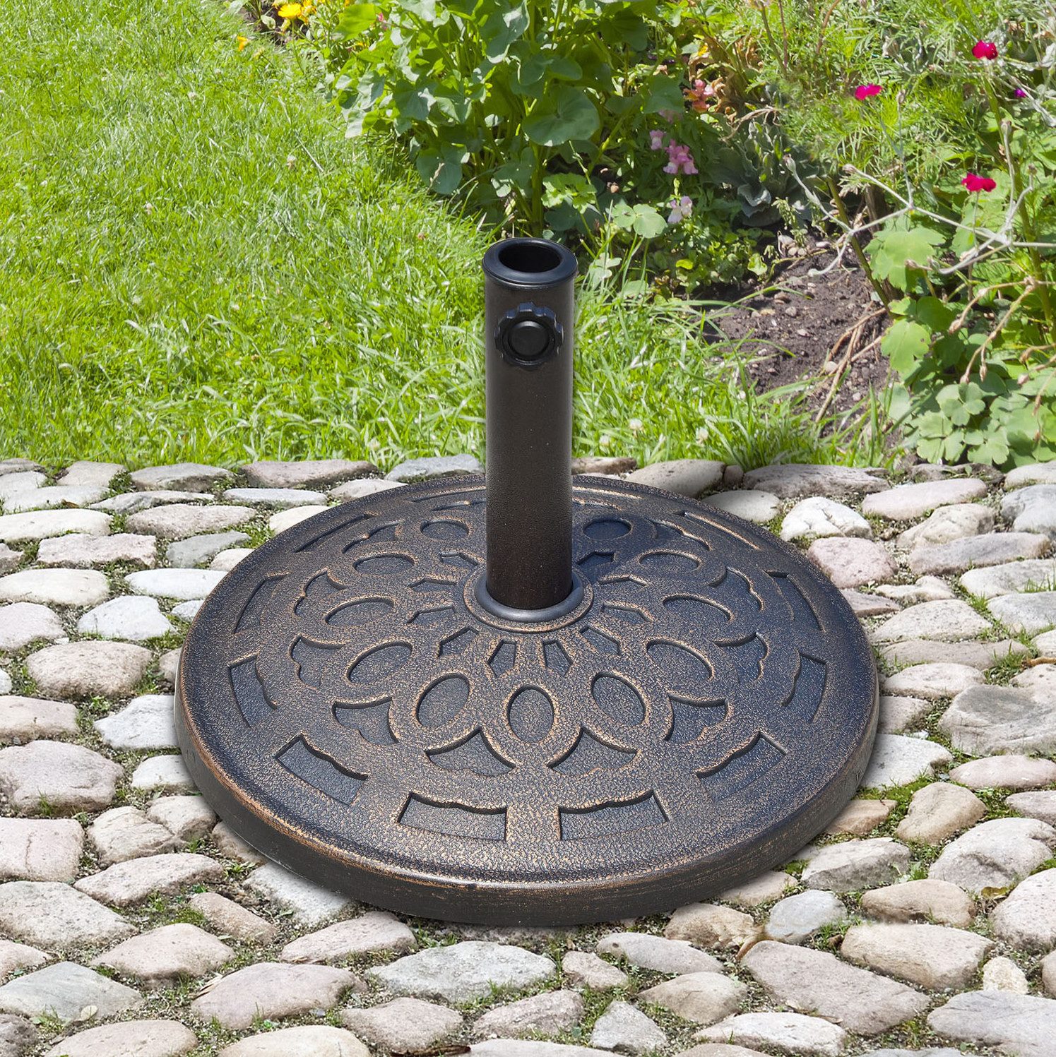 REDOM Schirmständer Sonnenschirmfuß rund 14 kg Bronze Harz Ø48,5 x H34 cm Schirmständer (1 St., Dekorativer und stabiler Schirmständer für Garten & Terrasse), Passend für Ø38/48 mm Schirme, flexibler Einsatz im Außenbereich