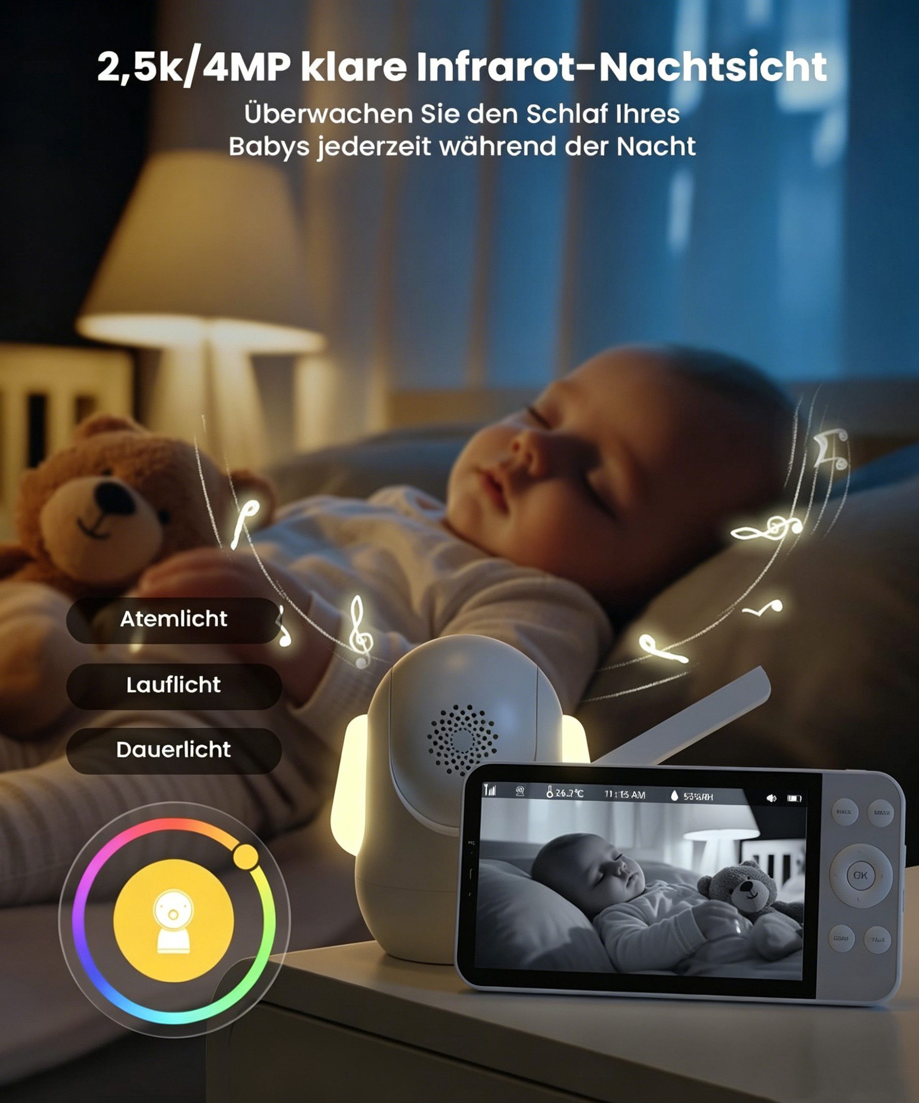 TWUFY Babyphone Babyphone mit Kamera 2.5K & 5.5-Zoll-HD-Großbildschirm Nachtsicht, unterstützt 2,4 GHz und 5 GHz, 1-tlg., 360° WLAN Video Babyfon mit App, Musik & Buntes Nachtlicht, Intelligente Erkennung