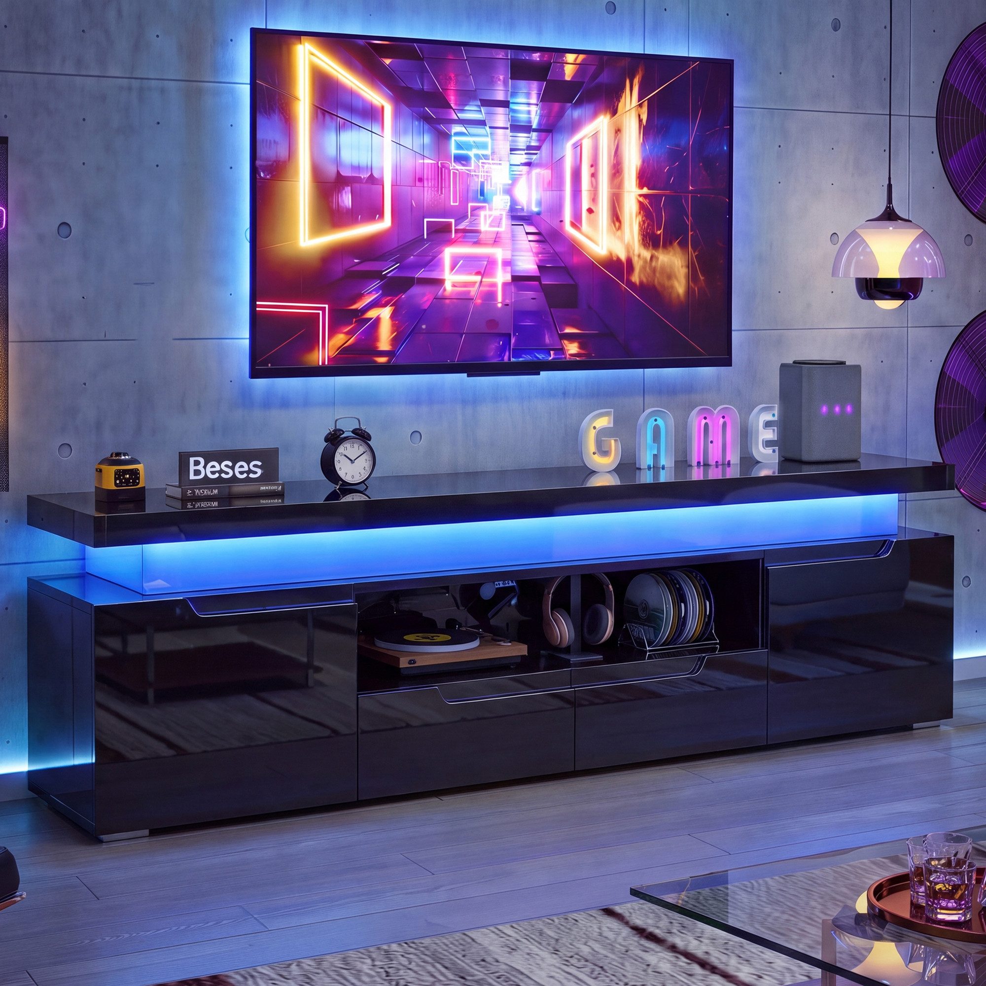 Simurq Lowboard TV-Schrank,Hochglanz-Fernsehschrank mit RGB-LED (1 St., für Fernseher bis 75 Zoll), TV-Schrank mit Schubladen und Ladefunktion