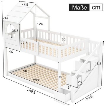 Flieks Etagenbett, Hochbett Kinderbett Hausbett mit 3 Stauraumschubladen 90x200cm