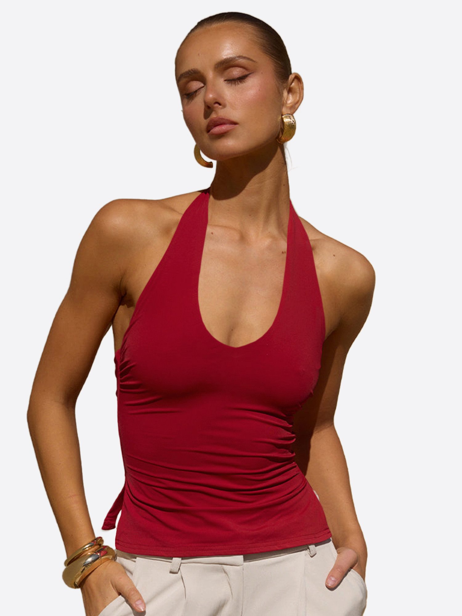 Imily Bela Tanktop Damen Halterneck Top mit freiem Rücken (Packung, 1-tlg., 1per-Pack) Seitenschlitze