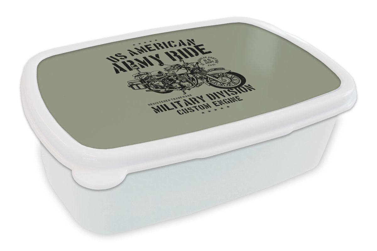 MuchoWow Lunchbox Mancave - Motor - Grün - Vintage, Kunststoff, (2-tlg), Brotbox für Kinder und Erwachsene, Brotdose, für Jungs und Mädchen weiß