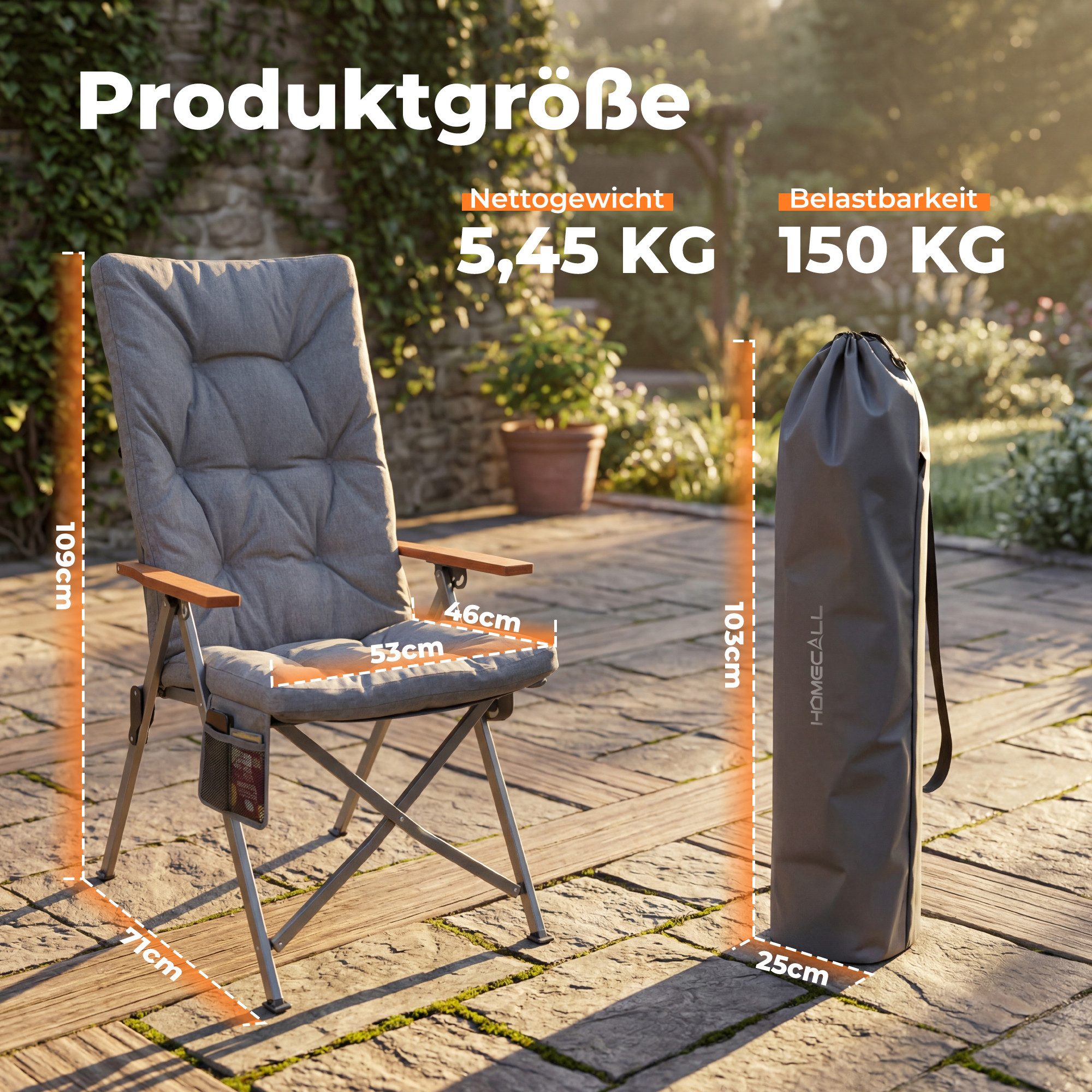 HOMECALL Campingstuhl Faltbar Hochlehner Luxus Klappstuhl mit 4,5cm Dicke Gepolstert (150kg Belastbar mit 4 Positionen Verstellbar Angelstuhl, 2 St), für Garten Balkon Wohnmobil