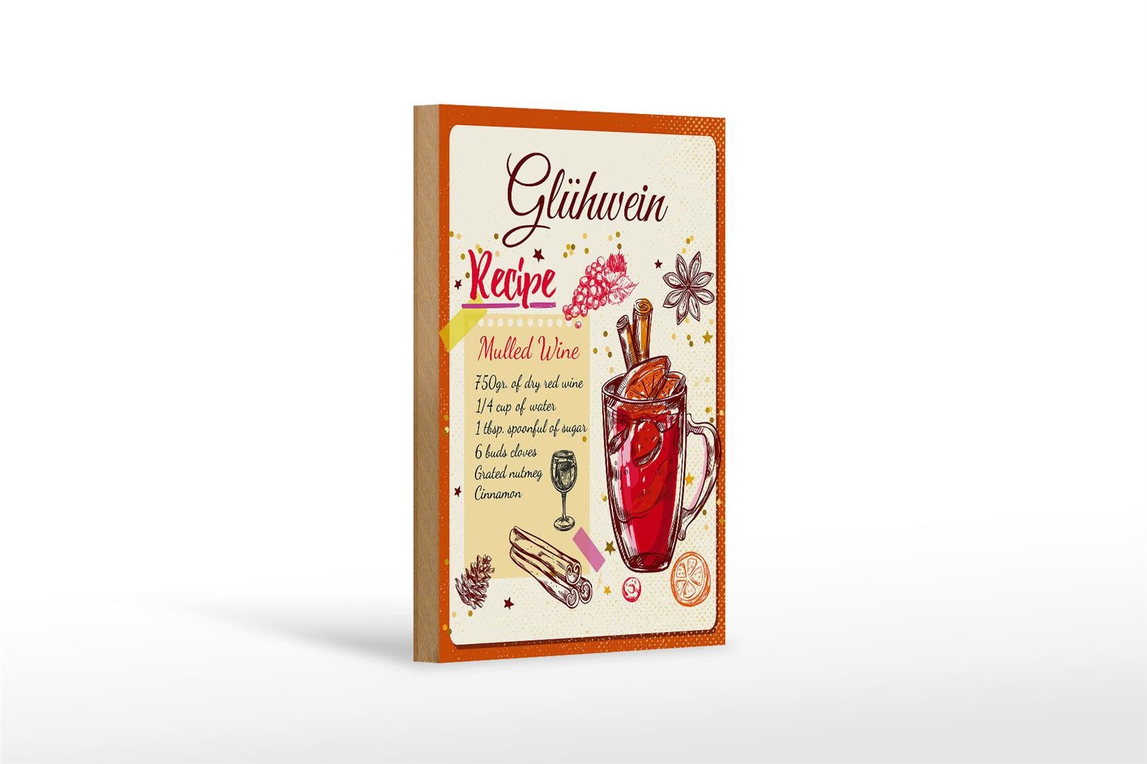 Holzbild Rezept Glühwein Recipe Mulled Wine 12x18 cm