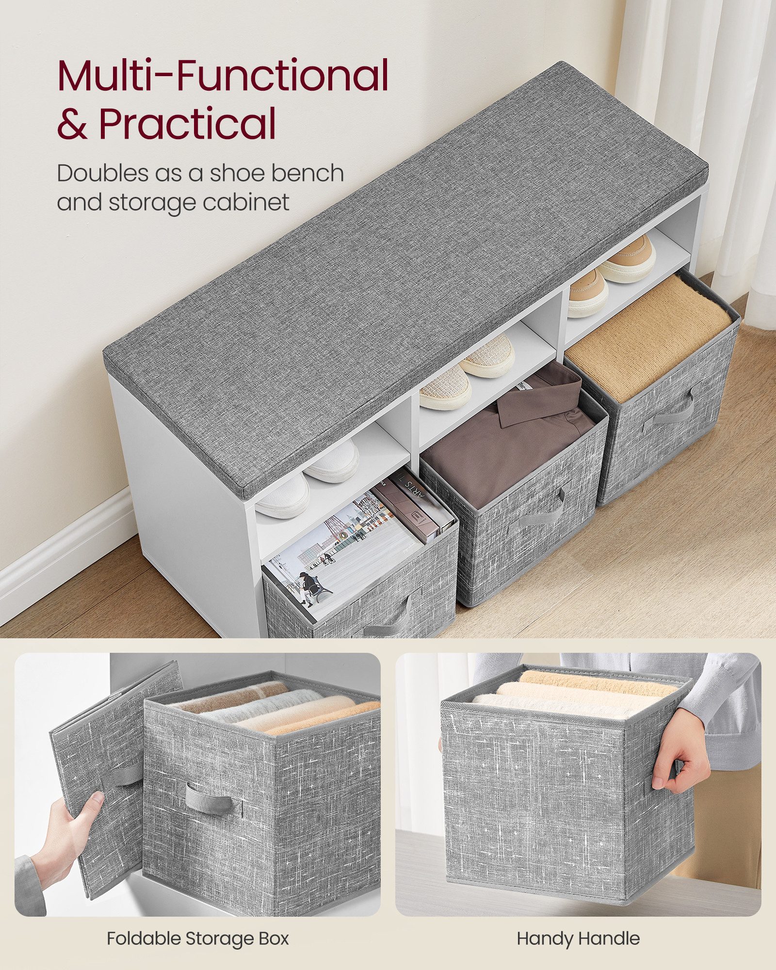 VASAGLE Kinderregal Schuhbank, Sitzbank, für Flur, Wohnzimmer, Schlafzimmer, 30,3x87x48 cm, 6 Fächern und 3 verstellbaren Ablagen, 3 Aufbewahrungsboxen, weiß-grau