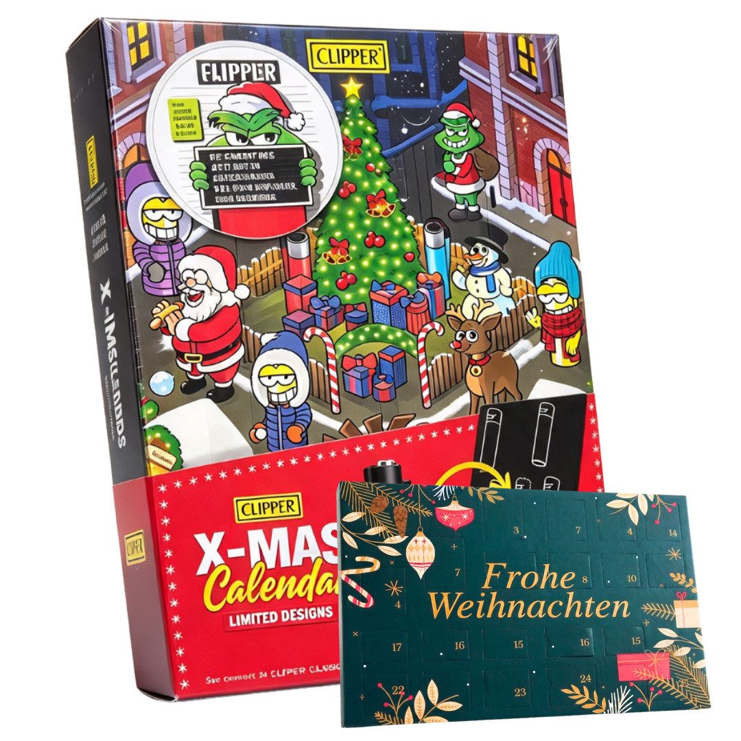 CLIPPER Adventskalender 2026 Feuerzeug X-MAS + Doug Tisch Adventskalender Damen & Herren Feuer (Set, 48-tlg), 48 tlg - 24 Feuerzeug + 24 Schokolade Advent Kalender - Unisex