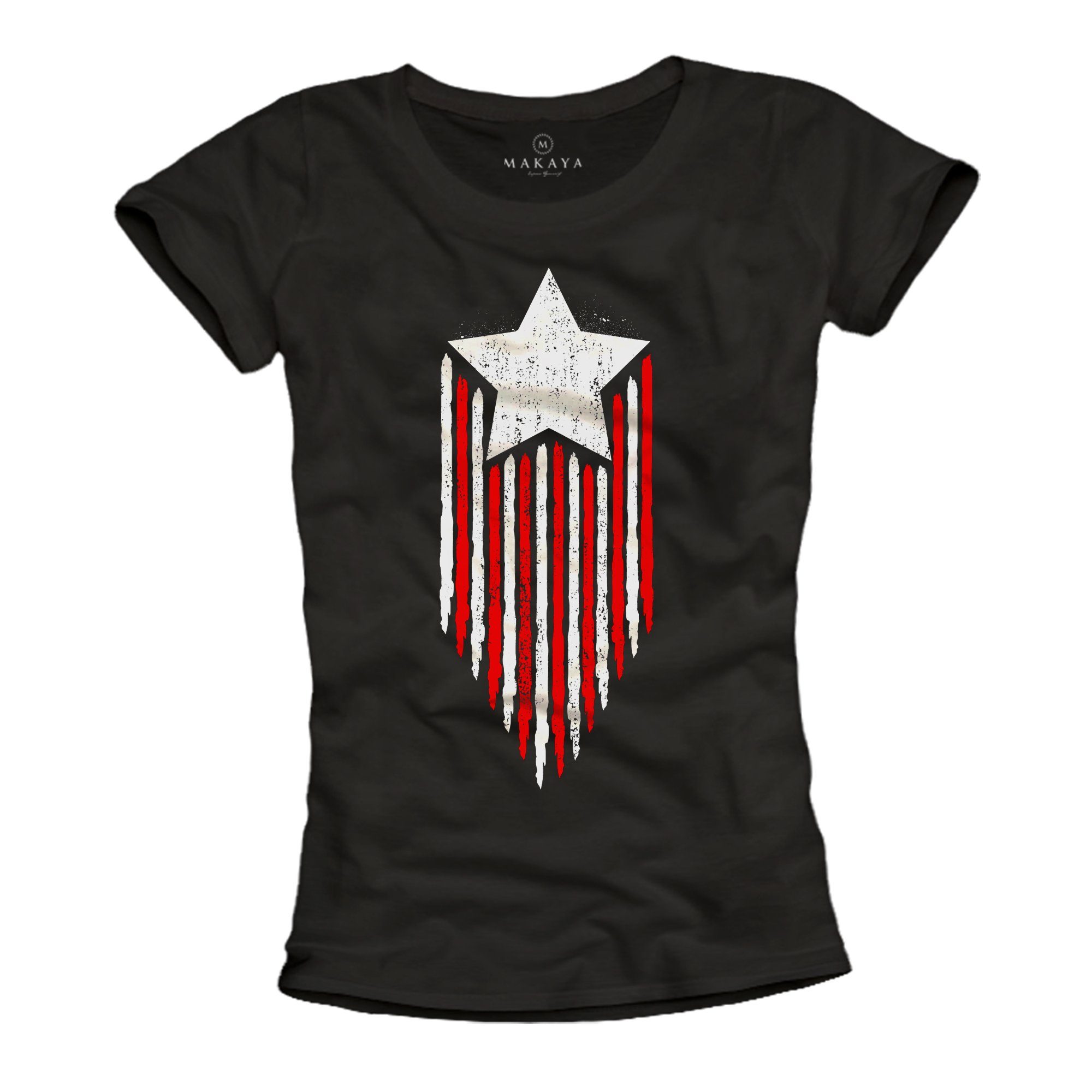MAKAYA Print-Shirt Damen Aufdruck Stern USA Fahne Amerika Flagge America Top Kurzarmshirt, Schwarz