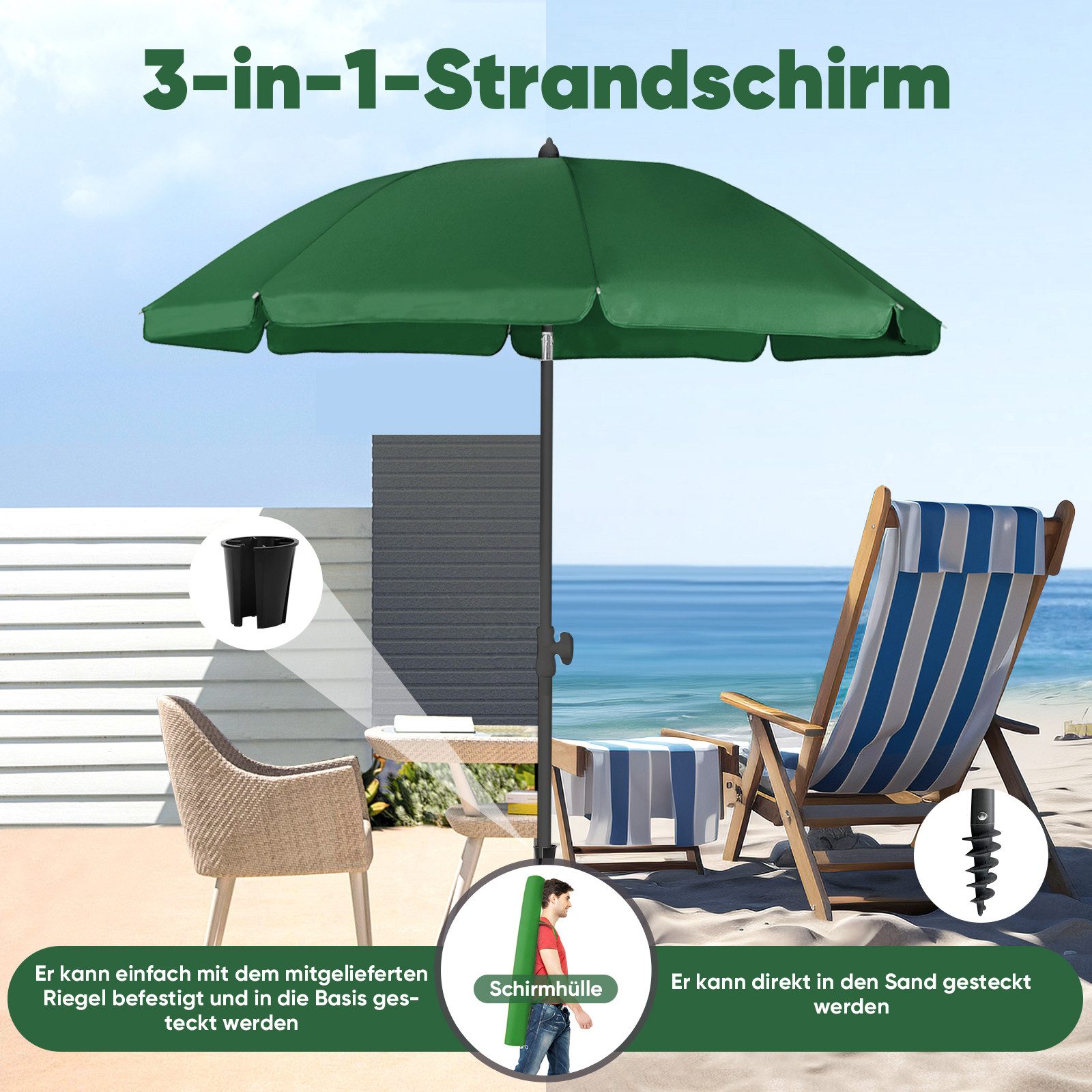 Sekey Sonnenschirm Ø180 cm Balkonschirm Terrassenschirm mit Schutzhülle und Bodenhülse, LxB: 180,00x180,00 cm, UV-Schutz 50+, höhenverstellbar, beidseitig um 30° knickbar