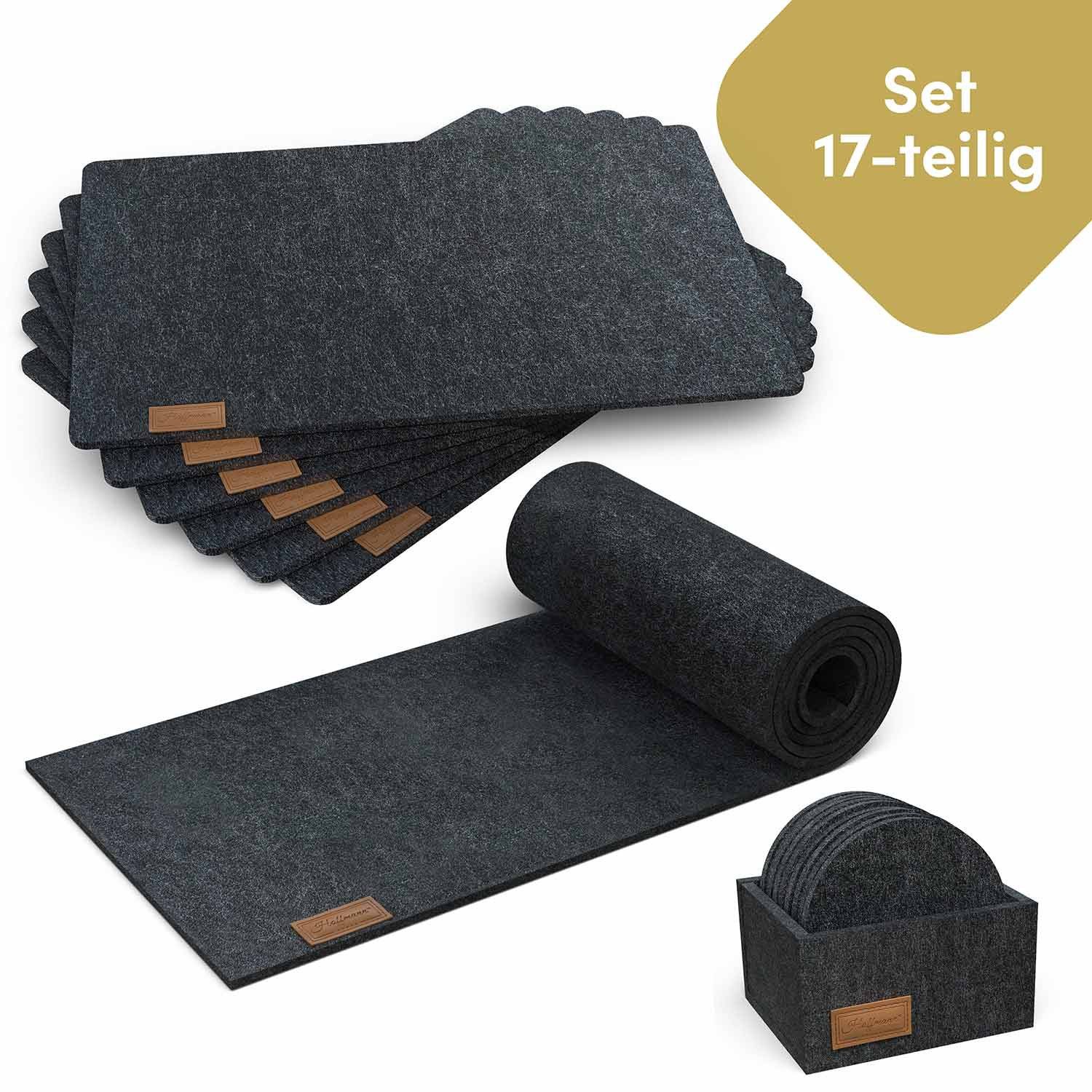 Hoffmann Germany Platzset Tischset Filz 17-tlg., Läufer + Matten + Untersetzer, anthrazit, (Set, 17-St., 1x Läufer 100×30 + 6x Platzset + 10x Untersetzer + Box), 5 mm Filz, Tischläufer 100×30 cm + 6 Matten + 10 Untersetzer