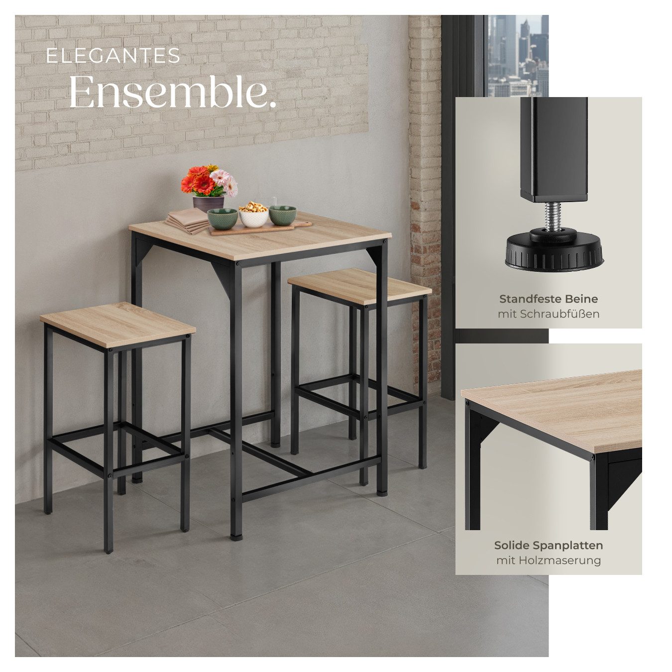 tectake Stehtisch Barset (1-St., 3 tlg), 3er-Set aus Bartisch und zwei Barhockern im trendigen Industrial-Look