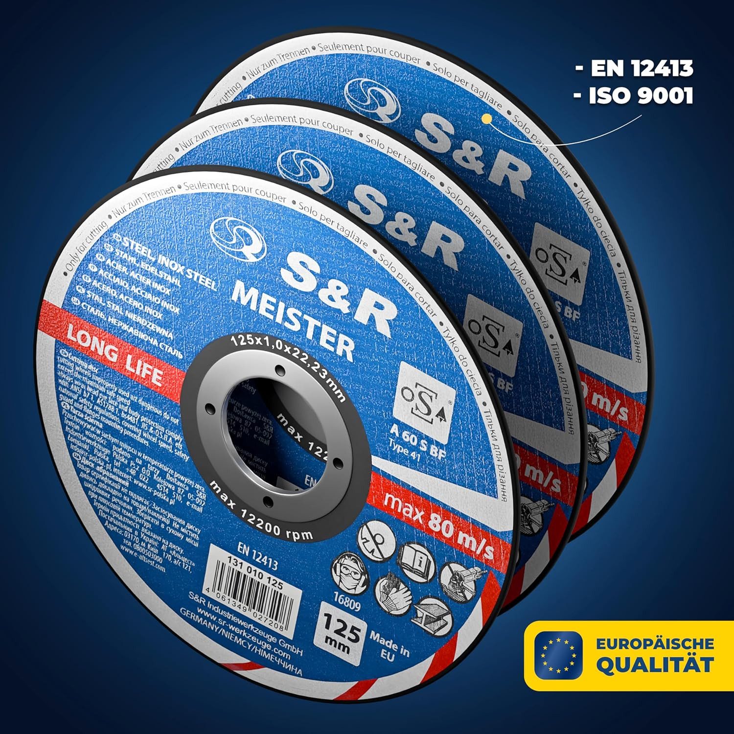 S&R Trennscheibe in Profi-Qualität, Made in EU, für Metall, Stahl, Edelstahl/INOX, (Set, 25 - teilig), 125 x 1,0 x 22,23 mm, Flexscheiben für Winkelschleifer, F – Bild 3 von 5
