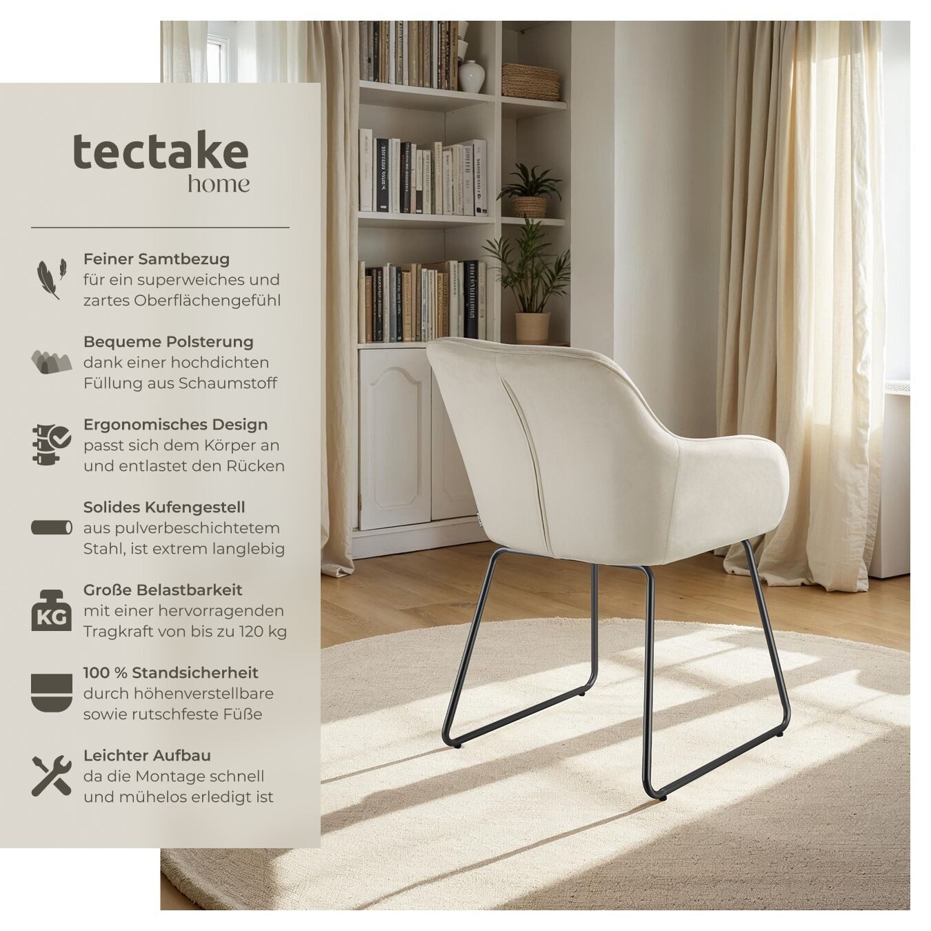 tectake Esszimmerstuhl Küchenstuhl Jeane, Samtoptik, Kufengestell (Set, 1 St), Erstklassiger Komfort dank hochdichter Schaumstoffpolsterung
