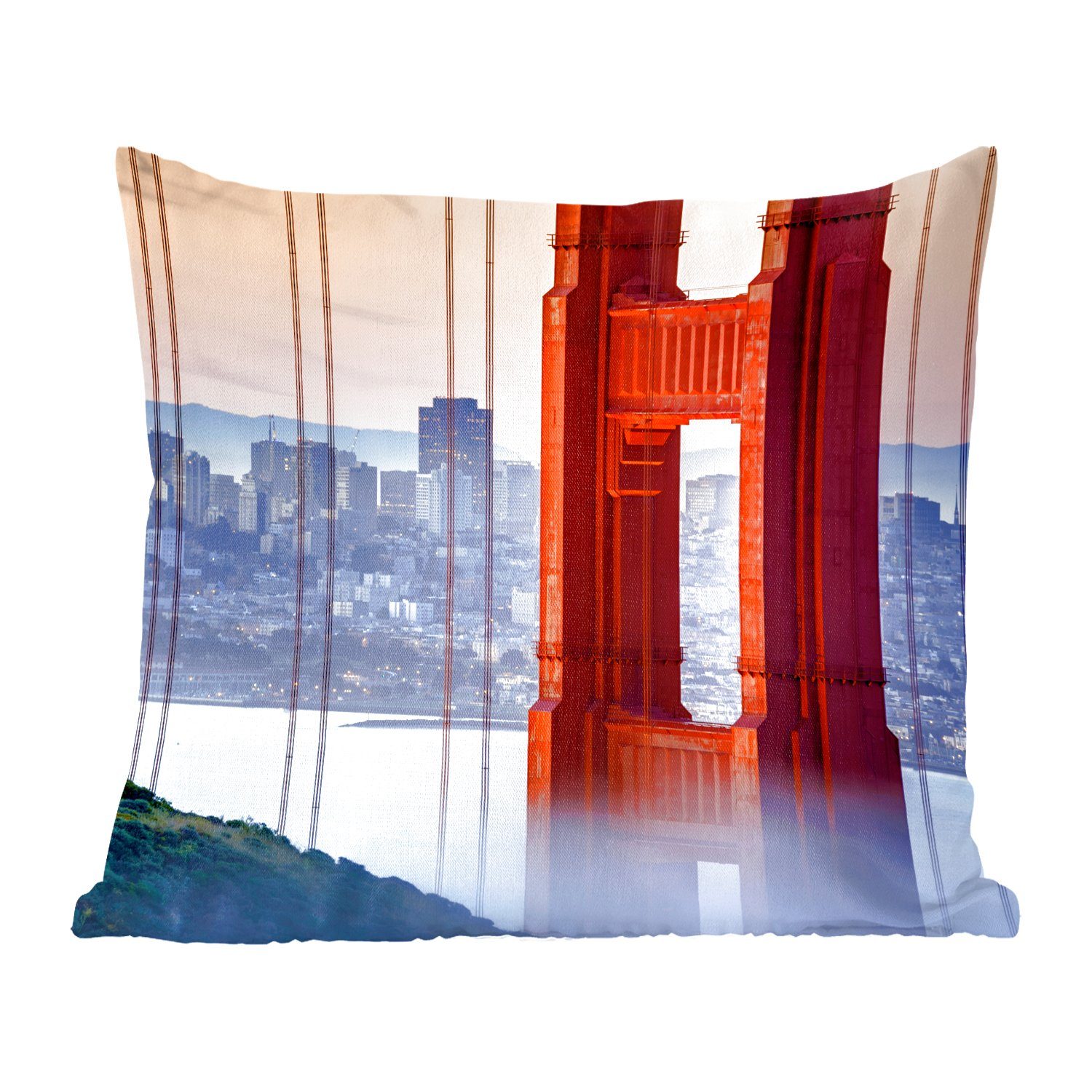 MuchoWow Dekokissen Golden Gate Bridge und San Francisco im Hintergrund, Zierkissen mit Füllung für Wohzimmer, Schlafzimmer, Deko, Sofakissen