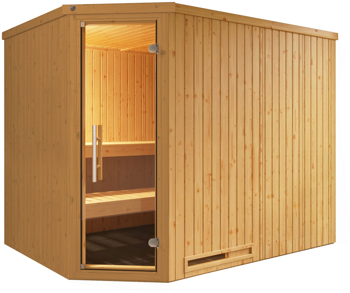 weka Sauna Element-Ecksauna VARBERG 4, BxTxH: 244 x 194 x 199 cm, 68 mm, vorgefertigte Elemente, moderne Ganzglastür