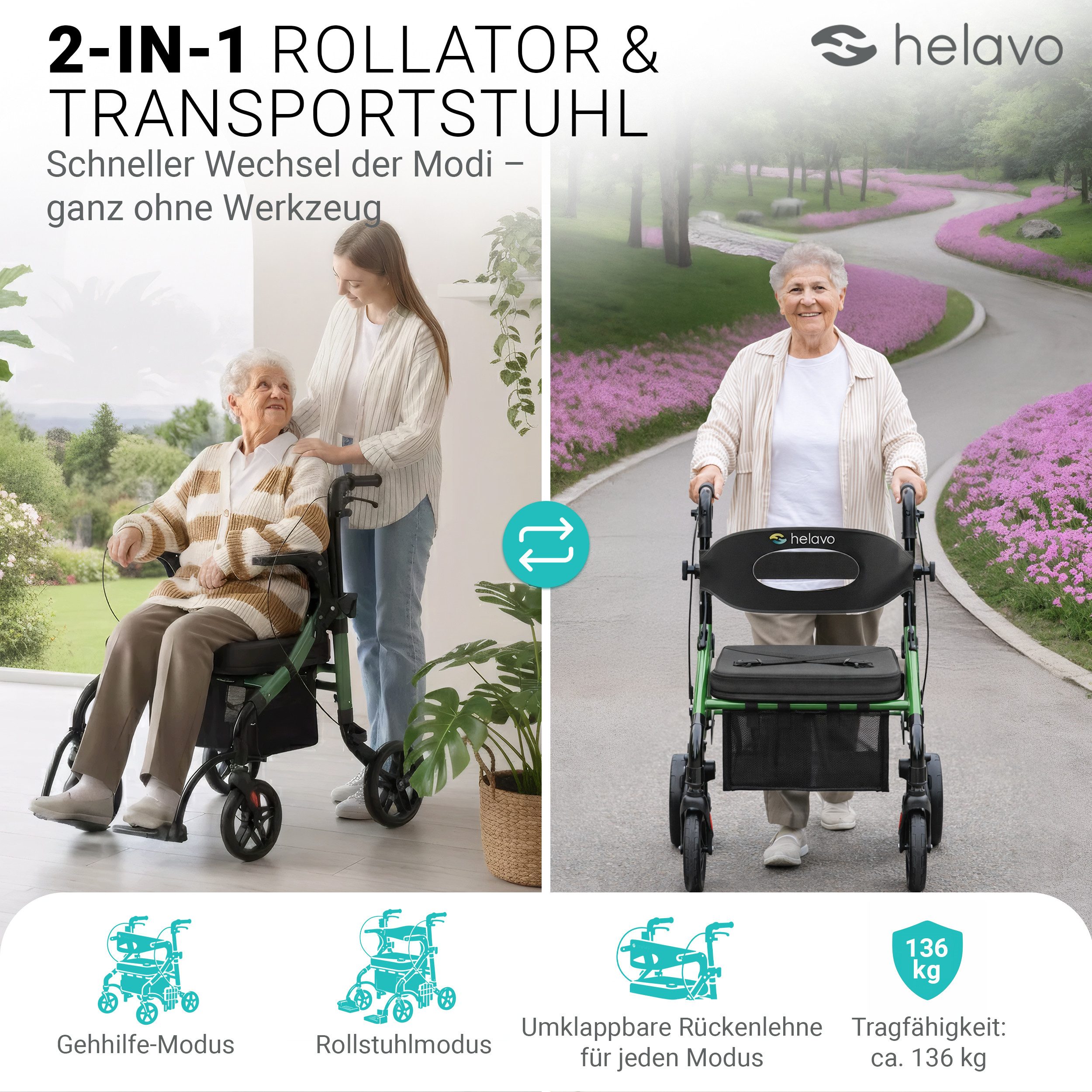 Helavo Rollator H1170, 2-in-1 Rollator & Rollstuhl mit gepolstertem Sitz & Tasche bis 136kg