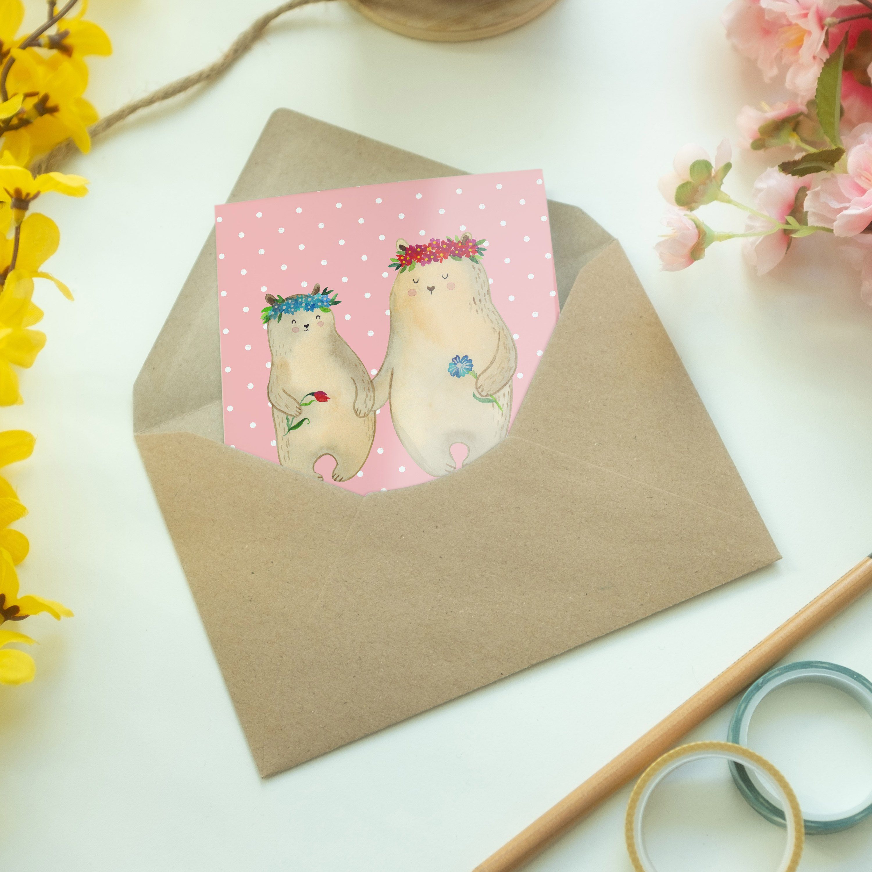 Mr. & Mrs. Panda Grußkarte Bären mit Blumenkranz - Rot Pastell - Geschenk, Vorbild, Mama, Hochze