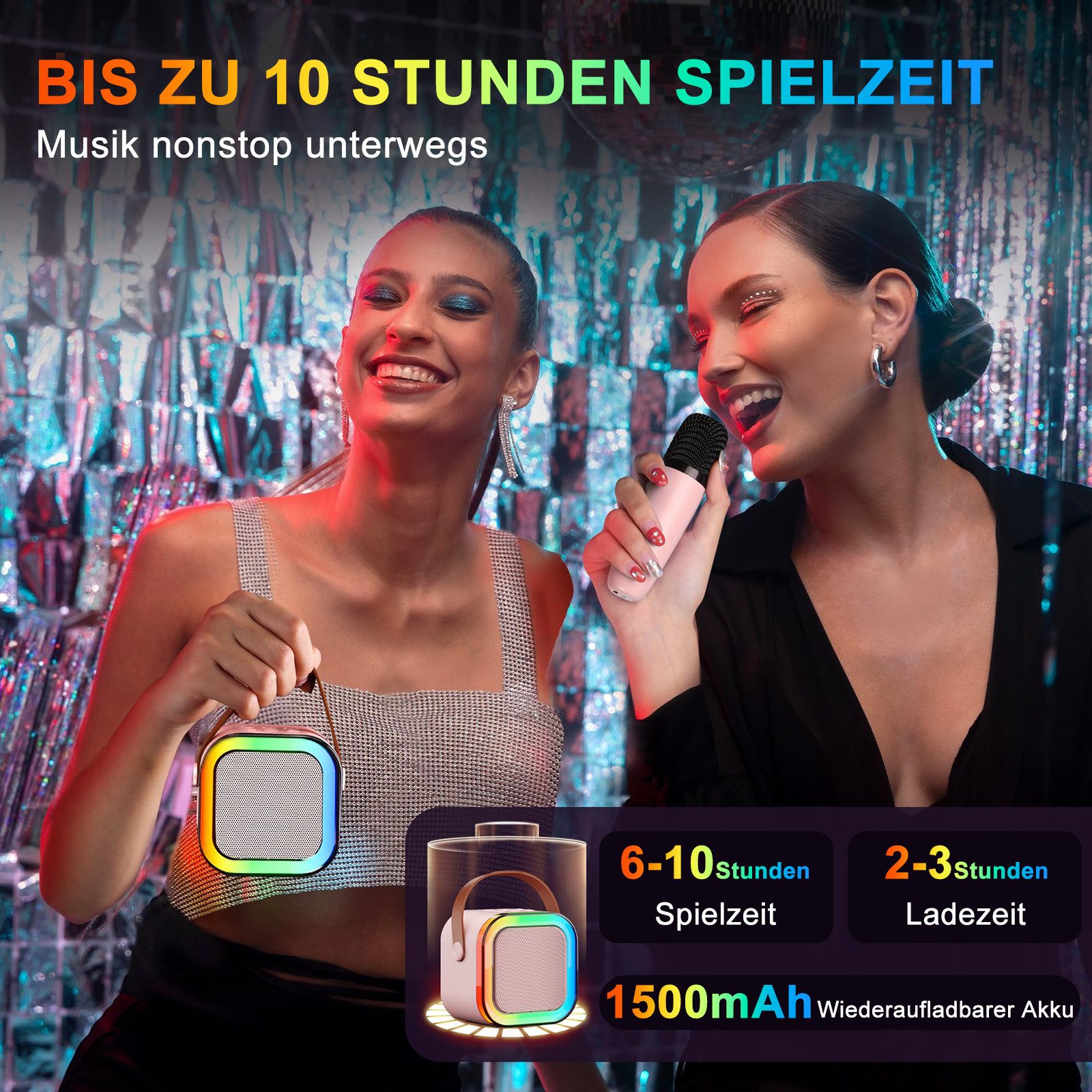 MOPUEA Karaoke-Maschine mit 2 kabellosen Mikrofonen, Mini-Karaoke-Set Bluetooth-Lautsprecher (Bluetooth, 5 W, Partygeschenk, tragbar, Geschenke) – Bild 5 von 5