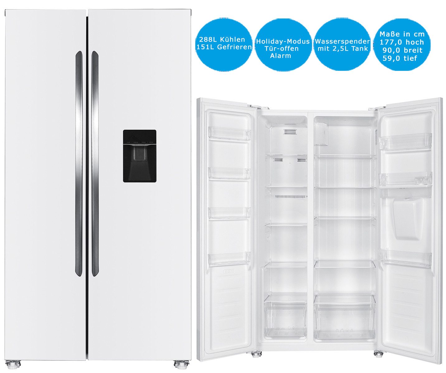 PKM Side-by-Side SBS450NFDWDEW, 177.00 cm hoch, 91.00 cm breit, NoFrost, Tür-offen-Alarm, Holiday Modus