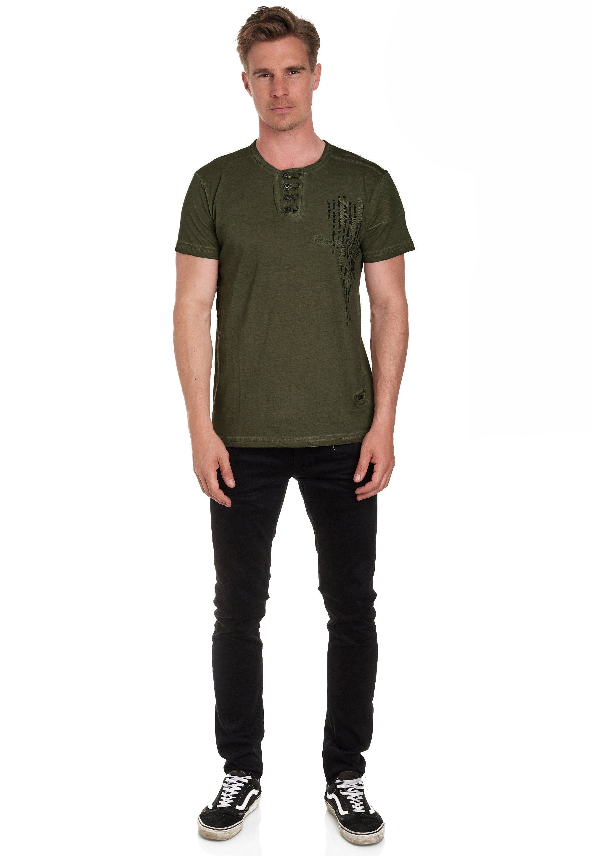 Rusty Neal T-Shirt mit schicker Knopfleiste dunkelgrün