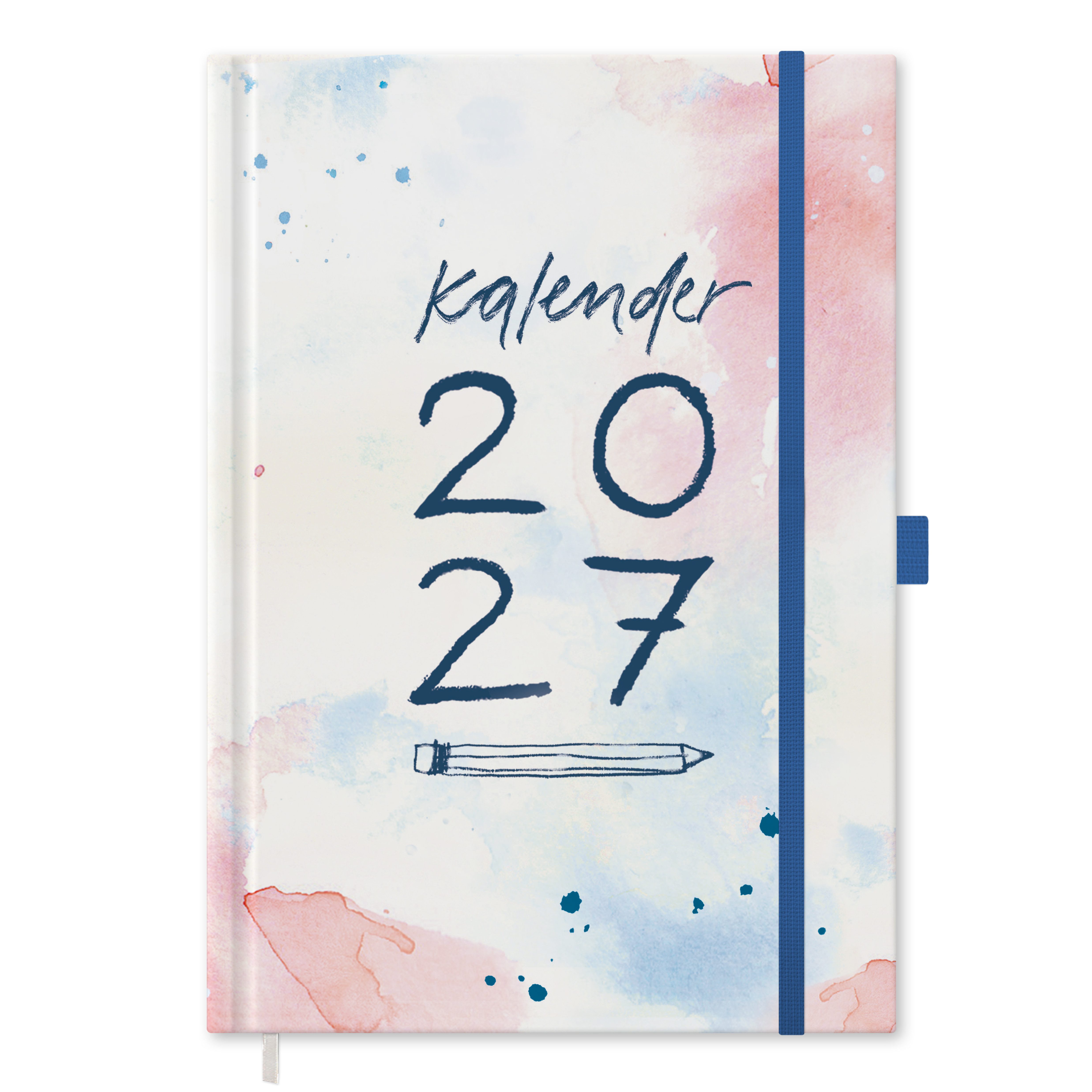 Eine der Guten Verlag Terminkalender Terminplaner 2027 - A5, weiß blau rosa, 1 Seite/ Tag, FSC-Papier, Hardcover, Gummiband, Stiftschlaufe