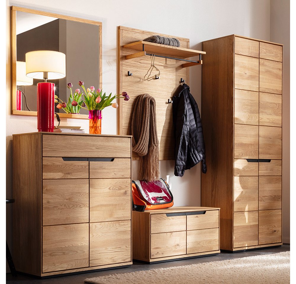 Lomadox Garderoben-Set AVESTA-06, (Spar-Set, 5-St., Garderobenbank Paneel Garderobenschrank Spiegel Schuhschrank), in Eiche teilmassiv, grifflos