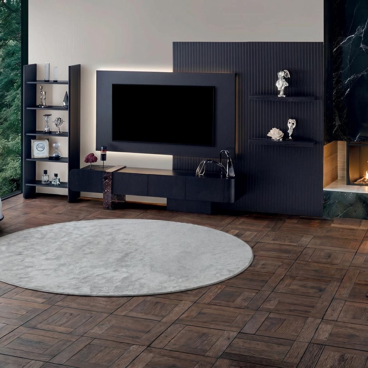 JVmoebel TV-Wand Moderne Luxus Wohnwand Schwarz Set TV Möbel Wohnzimmer Schrank, Made in Europa