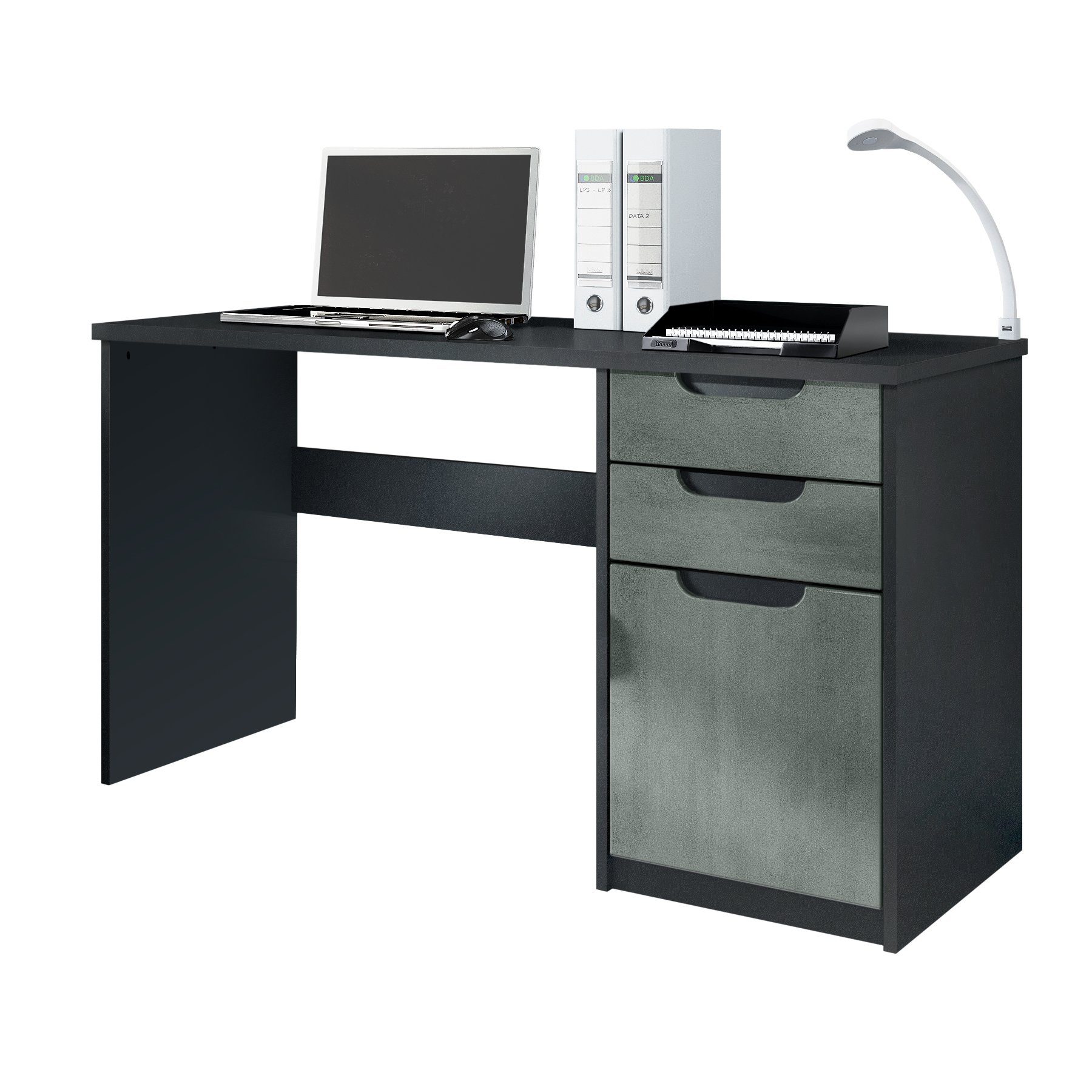 Vladon Schreibtisch Logan (Bürotisch, mit 2 Schubladen und 1 Tür), Schwarz matt/Beton Dunkel Optik (129 x 76 x 60 cm) Fronten in Beton Dunkel Optik