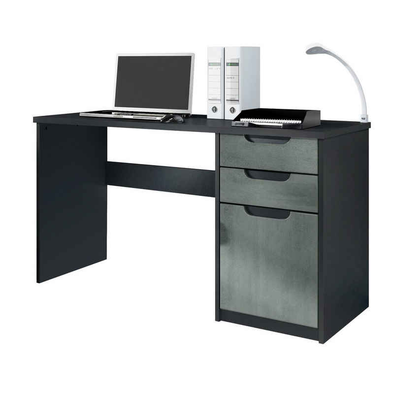 Vladon Schreibtisch Logan (Bürotisch, mit 2 Schubladen und 1 Tür), Schwarz matt/Beton Dunkel Optik (129 x 76 x 60 cm)