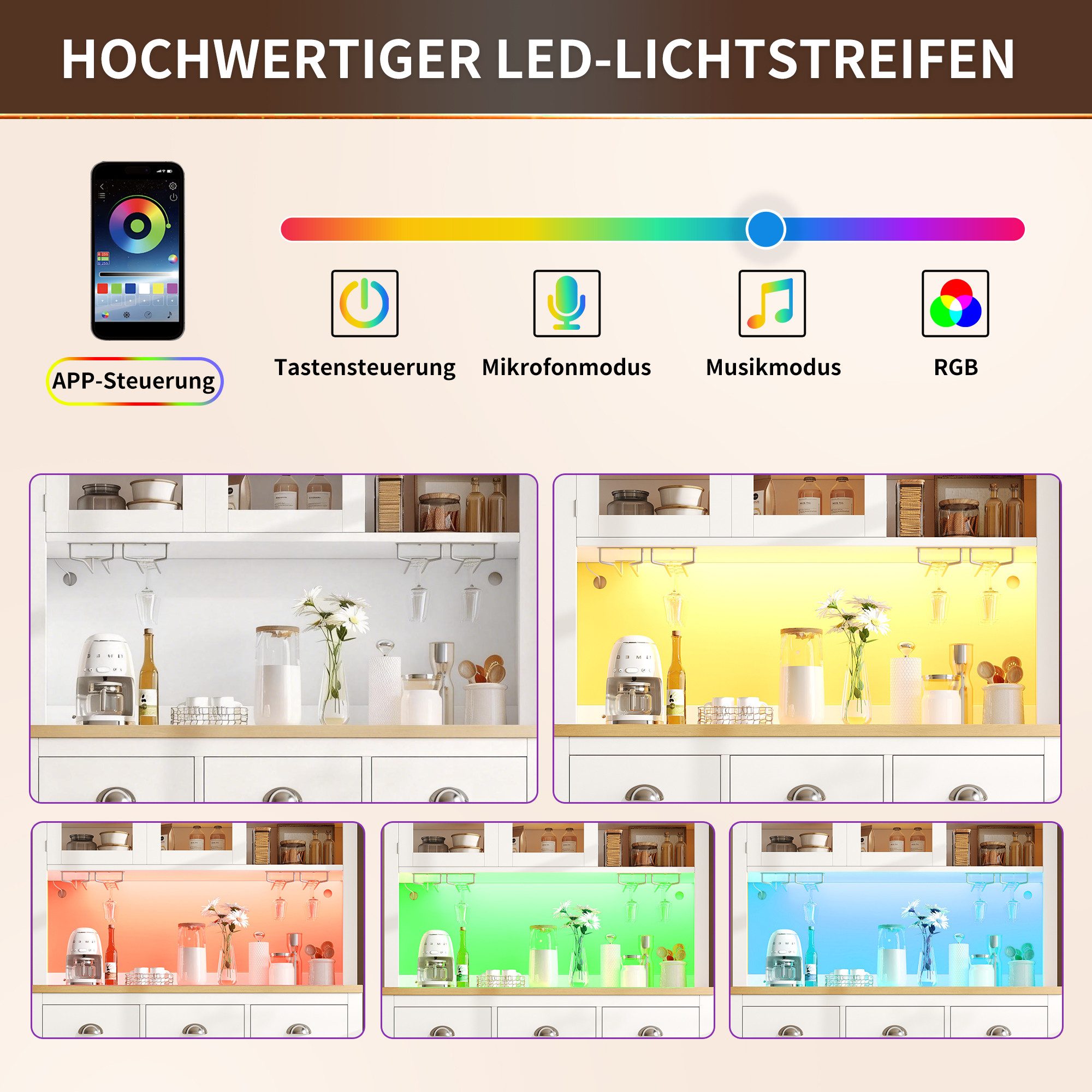 Odikalo Küchenbuffet Küchenschrank Buffetschrank mit LED-Lichtleiste & Getränkehaltern (Seitenboard / Aufbewahrungsschrank / Küchenschrank / Buffetschrank, 104x – Bild 4 von 5