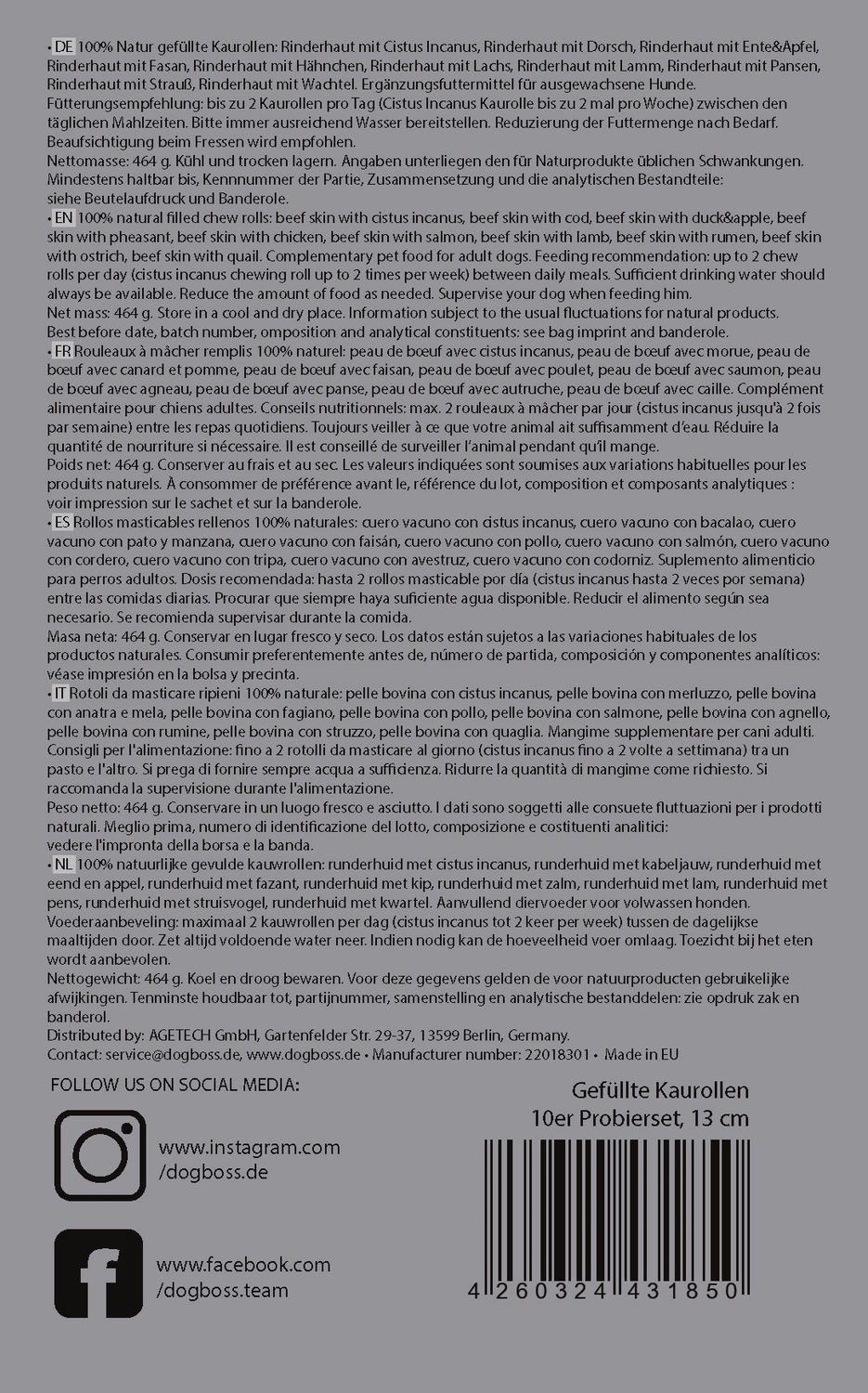 DOGBOSS DOGBOSS 100% Natur gefüllte Kaurollen, hergestellt in EU 10er Probierset 13 cm, Snack für: Hunde