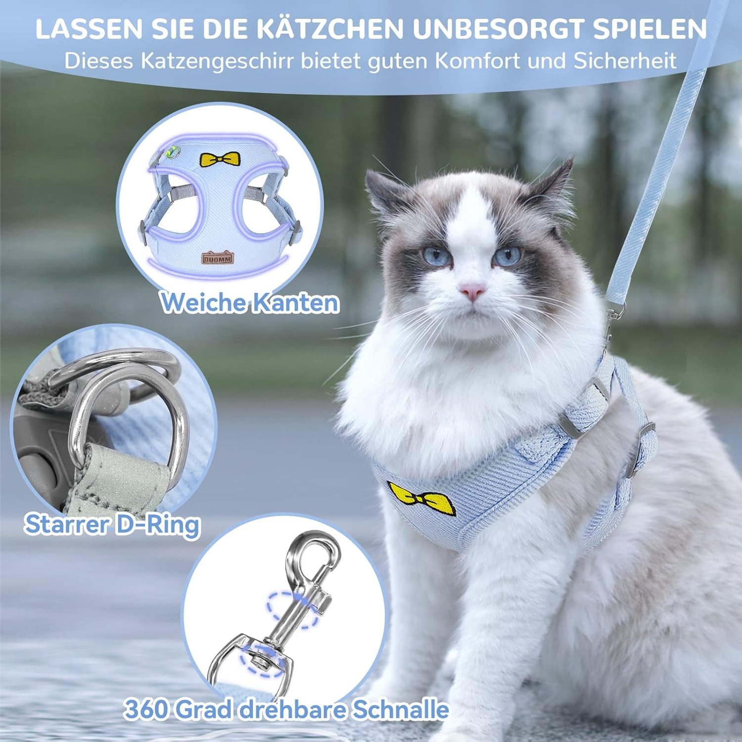 FELIXLEO Katzen-Halsband Katzenleine Set Polyester verstellbar Geschirr mit Leine Blau S