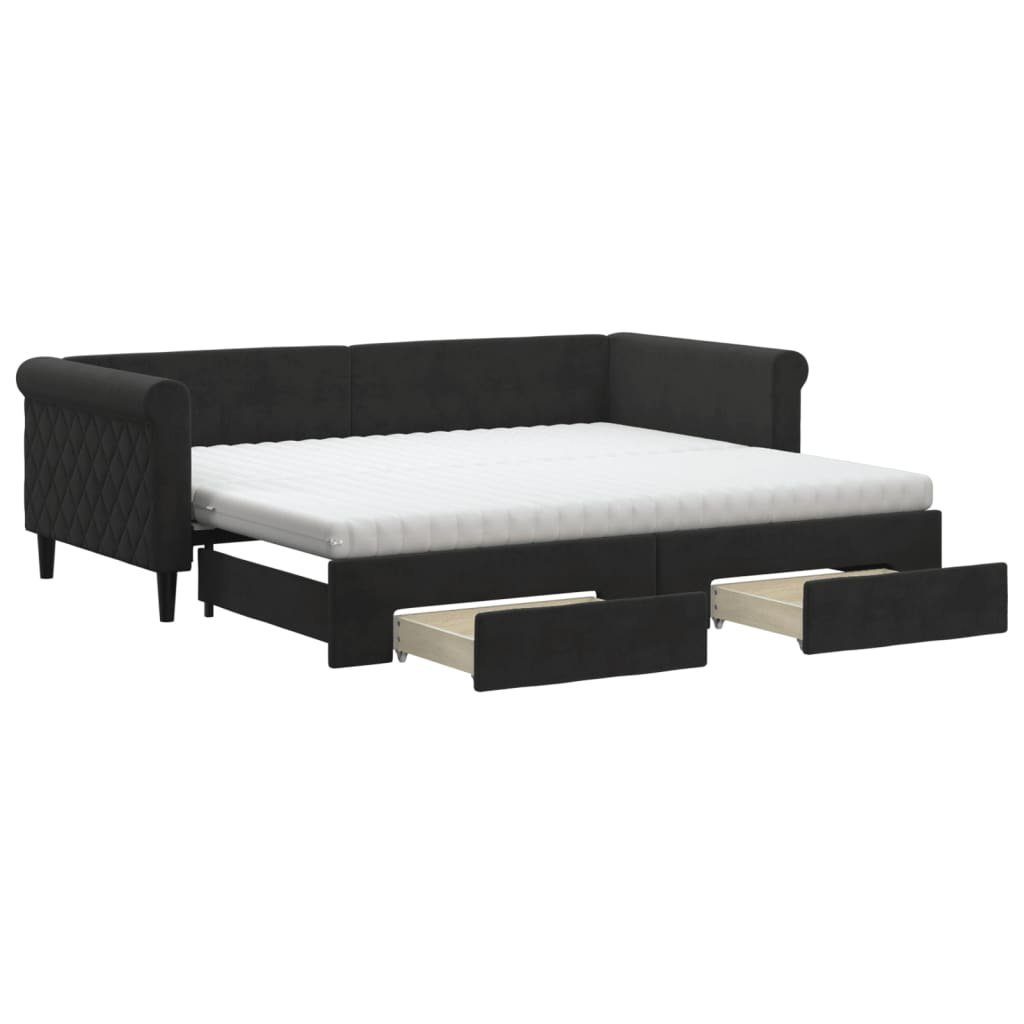 Gästebett 90 x 200 cm Tagesbett Ausziehbar mit Schubladen Schwarz 90x200 cm Samt