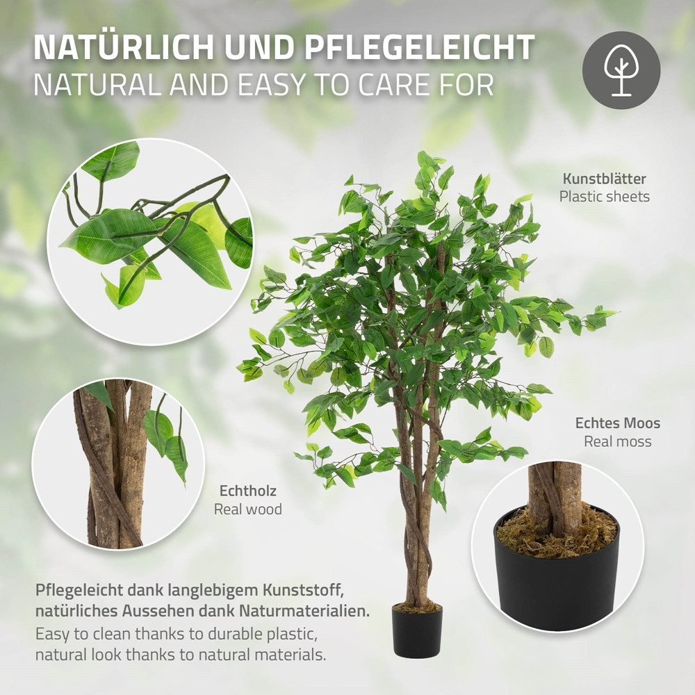 Kunstpflanze Künstliche Pflanze für Wohnräume & Garten dekorative Zimmerpflanze, ML-DESIGN, Höhe 120 cm, Kunstbaum Ficus 120 cm für Innen & Außen mit Naturholzstamm im Topf