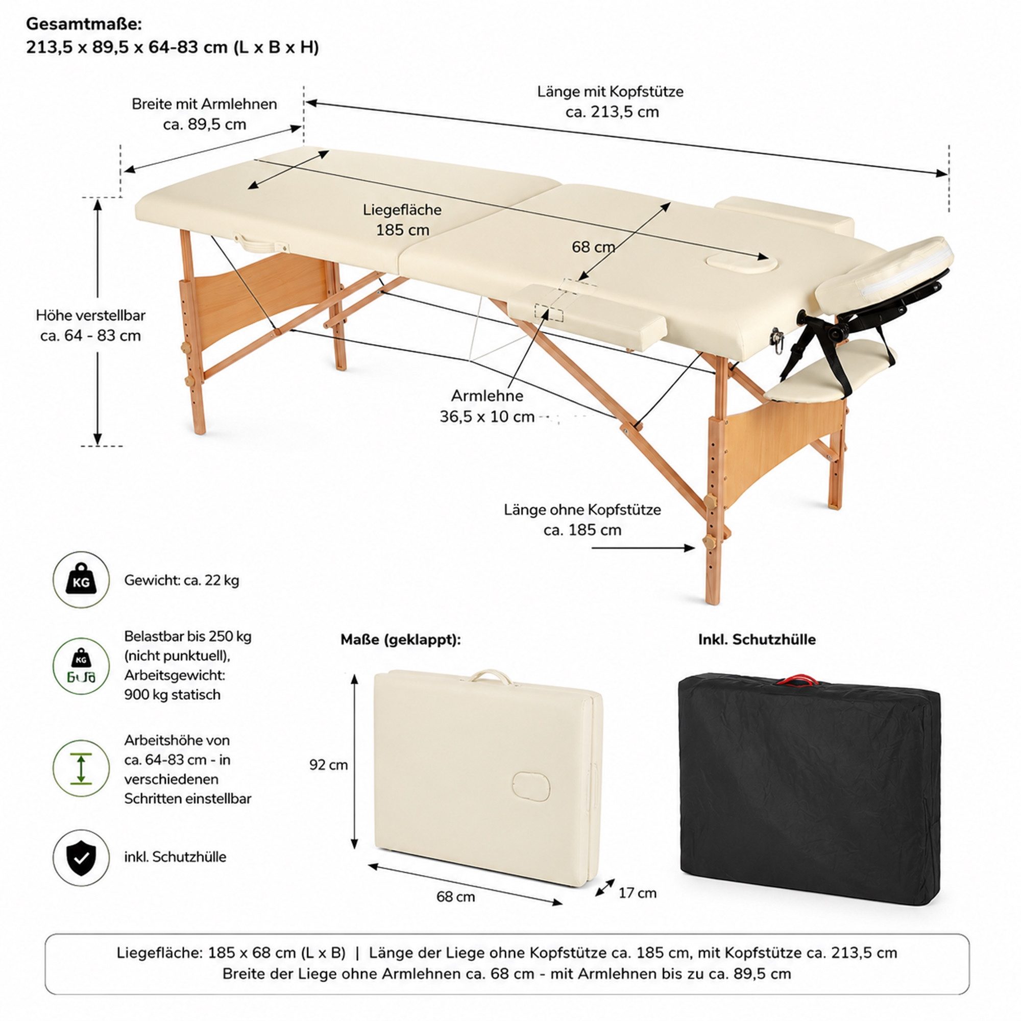 Mucola Massageliege Massageliege 2 Zonen Kopfstütze Ergonomisch Weiß Rot Gelb Creme Mobile (Stück, Liege), flexibel Einstellbar