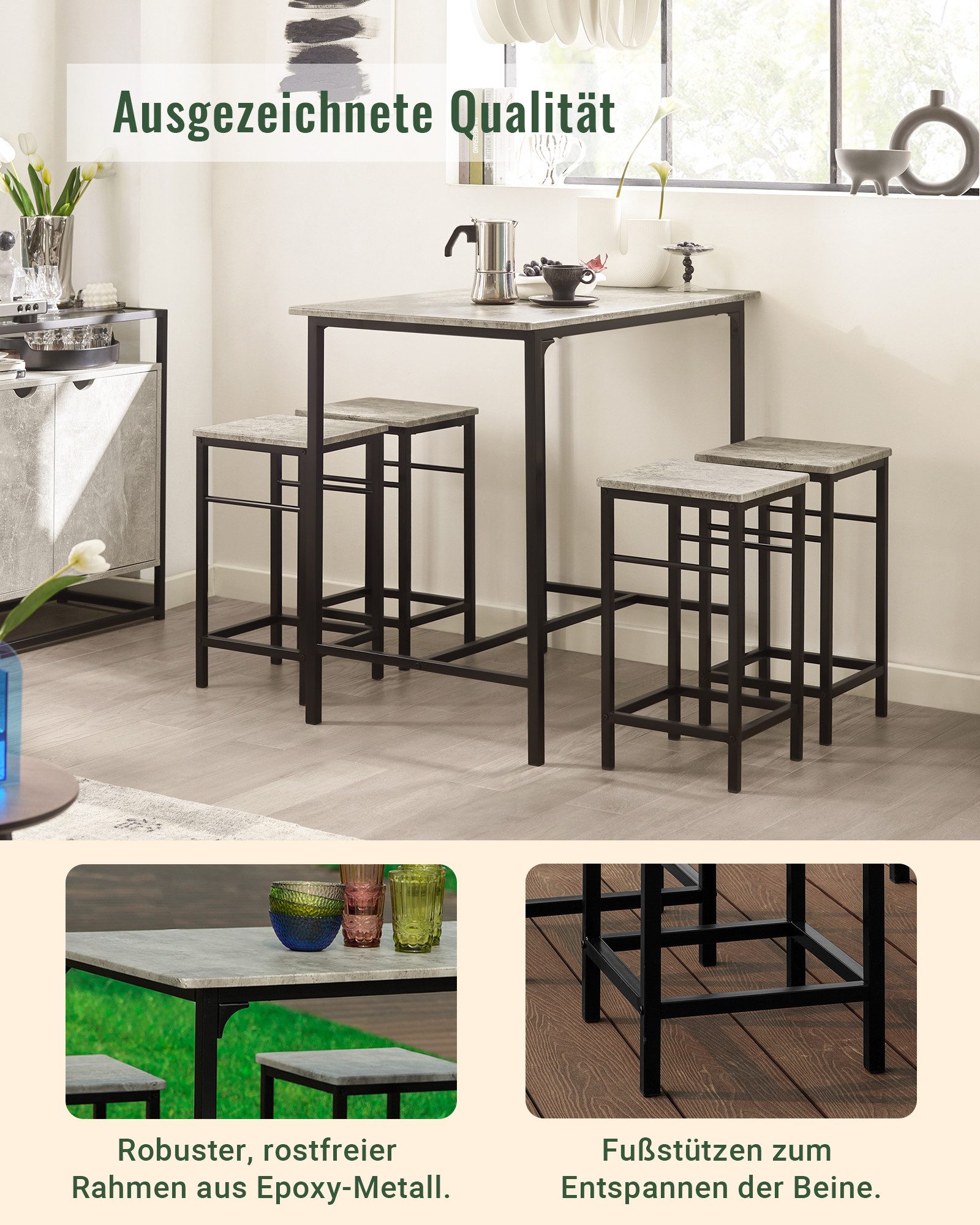 SoBuy Bartisch OGT11, Essgruppe Küchentisch Set für Esszimmer Balkon Garten, Bartisch Set 5-teilig Esstisch Bistrotisch mit 4 Stühlen Sitzgruppe