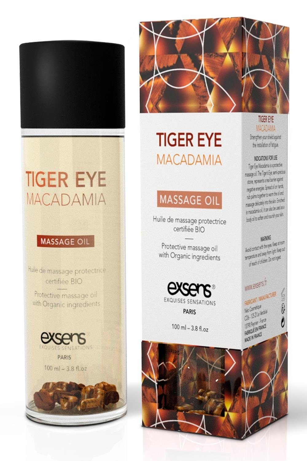 Exsens Gleit- & Massageöl Exsens Organic Massage Oil Tiger Eye Macadamia  100ml, Fließt leicht auf der Haut