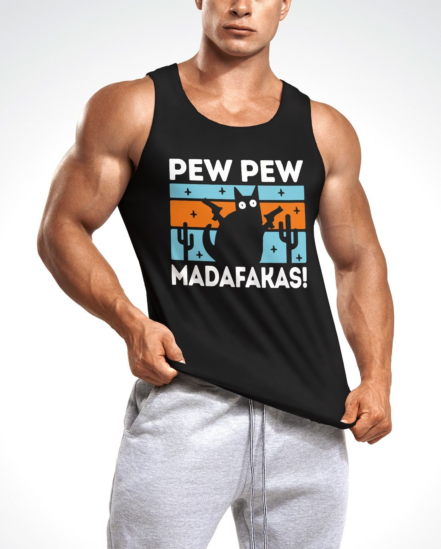 MoonWorks Tanktop Herren Tanktop Pew Pew Madafakas Katze Cat crazy verrückt lustig Muscle Shirt Achselshirt Moonworks® mit Print
