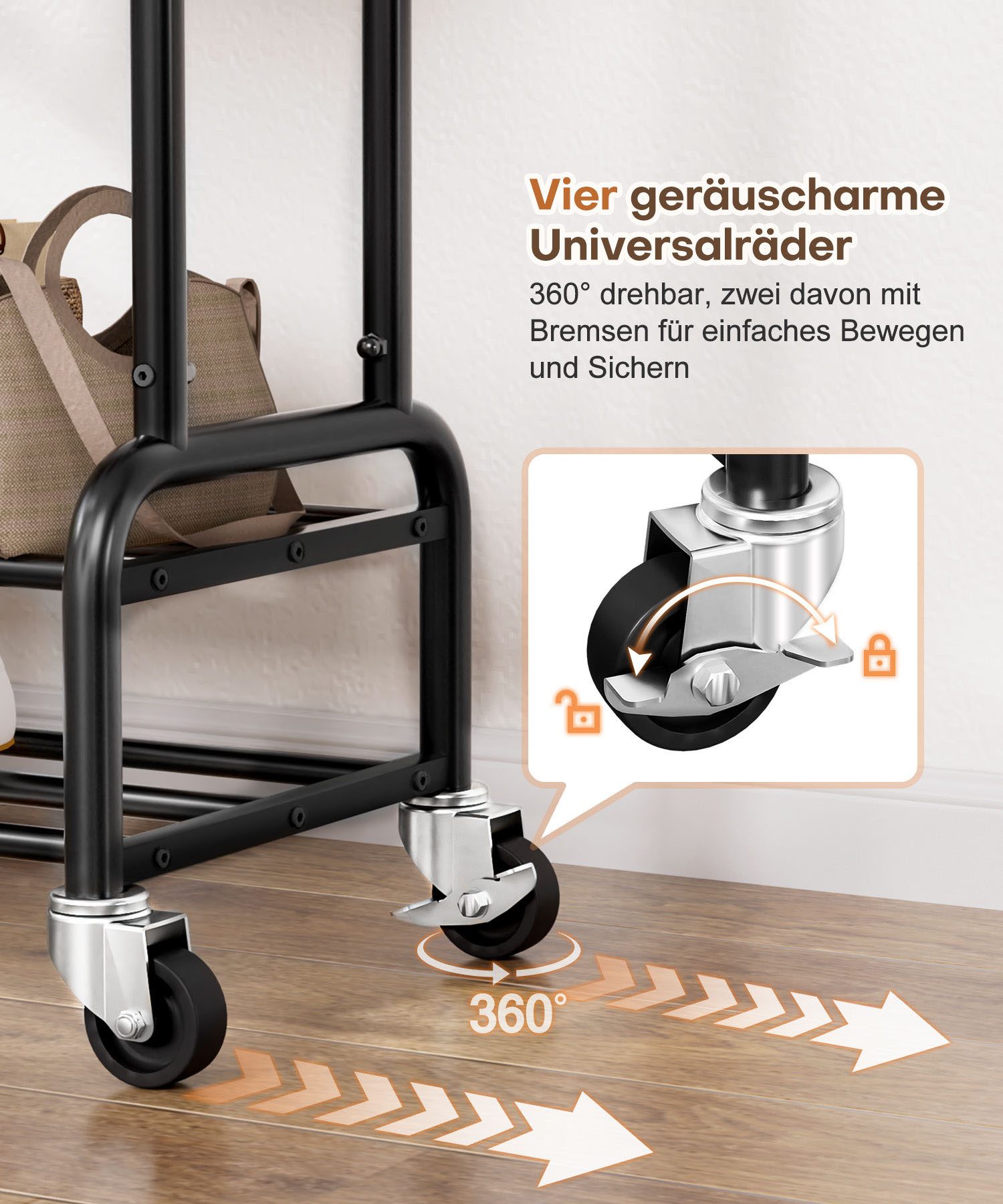 Yorbay Kleiderständer Doppelstange Garderobenständer auf Rollen, mit 2 Ablage, Groß Clothes Rack aus Metall bis 120 kg Belastbar, 126 cm Breit
