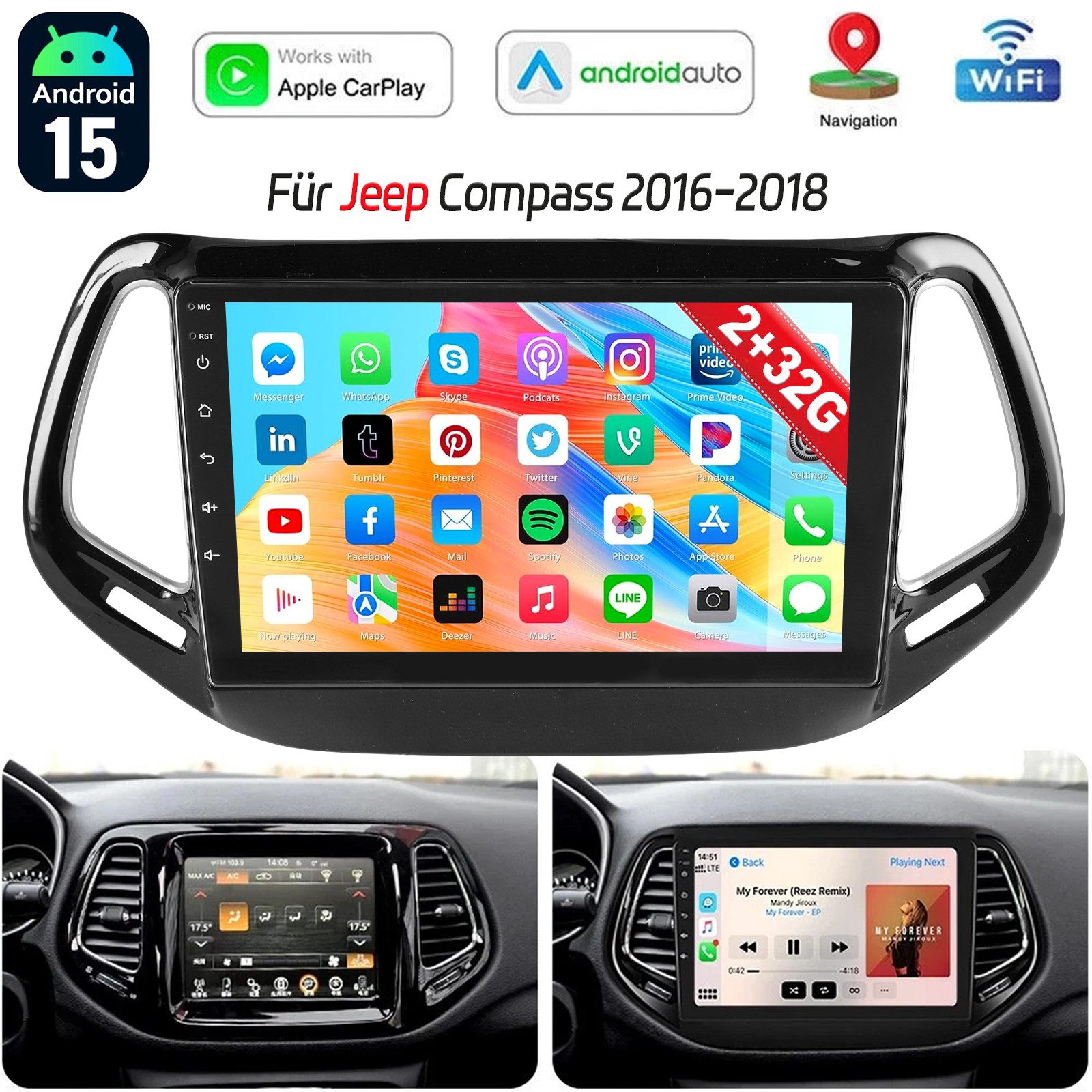 ESSGOO Für Jeep Compass 2017-2020 Android 15.0 Autoradio Carplay NAVI FM SWC Autoradio (DAB+ (optional), DAB (optional), 4+64GB(optional), RDS, AM, FM, Carplay Android Auto Bluetooth EQ USB GPS Navi WIFI Touchscreen)