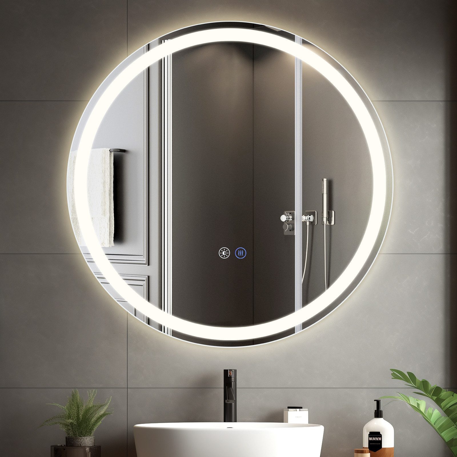 Nettlife Badspiegel Rund Touch Schalter und Entfogger Wandspiegel Beleuchtet 50/60/70/80cm, Entfogger Funktion Dimmbar Memories Funktion Ideal für Badezimmer
